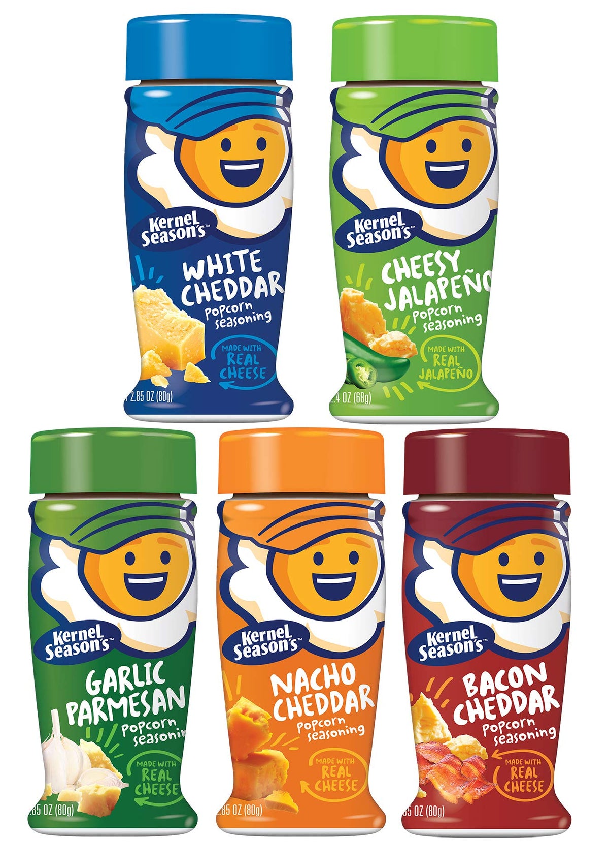 Kernel Season's frente del estuche mostrando los cinco sabores y variedad