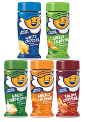 Kernel Season's frente del estuche mostrando los cinco sabores y variedad