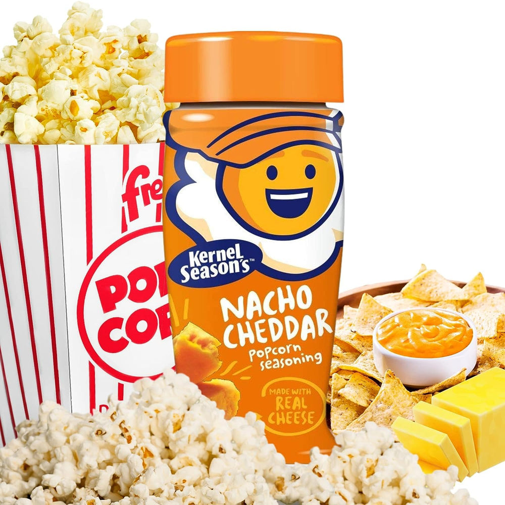 Kernel Season's sazonador espolvoreado sobre palomitas calientes, sabor intenso inmediato