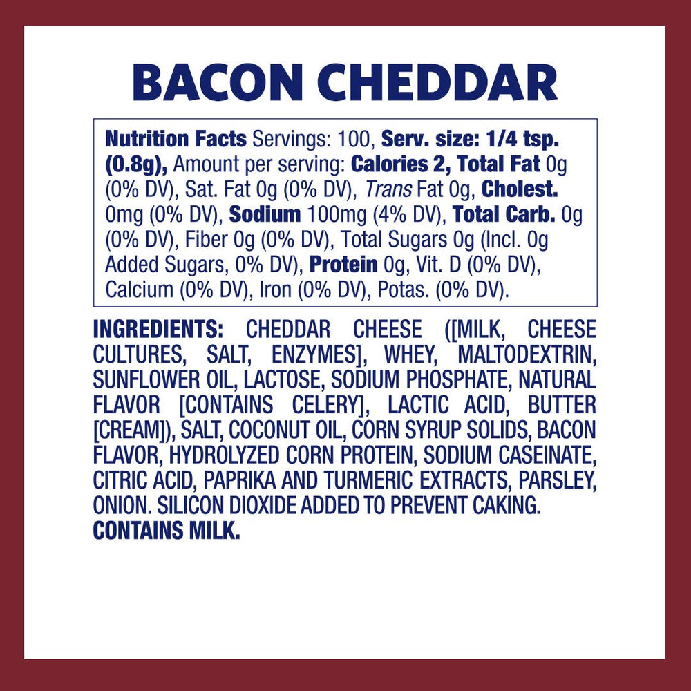 Kernel Season's textura del polvo Bacon Cheddar en primer plano, muestra intensidad