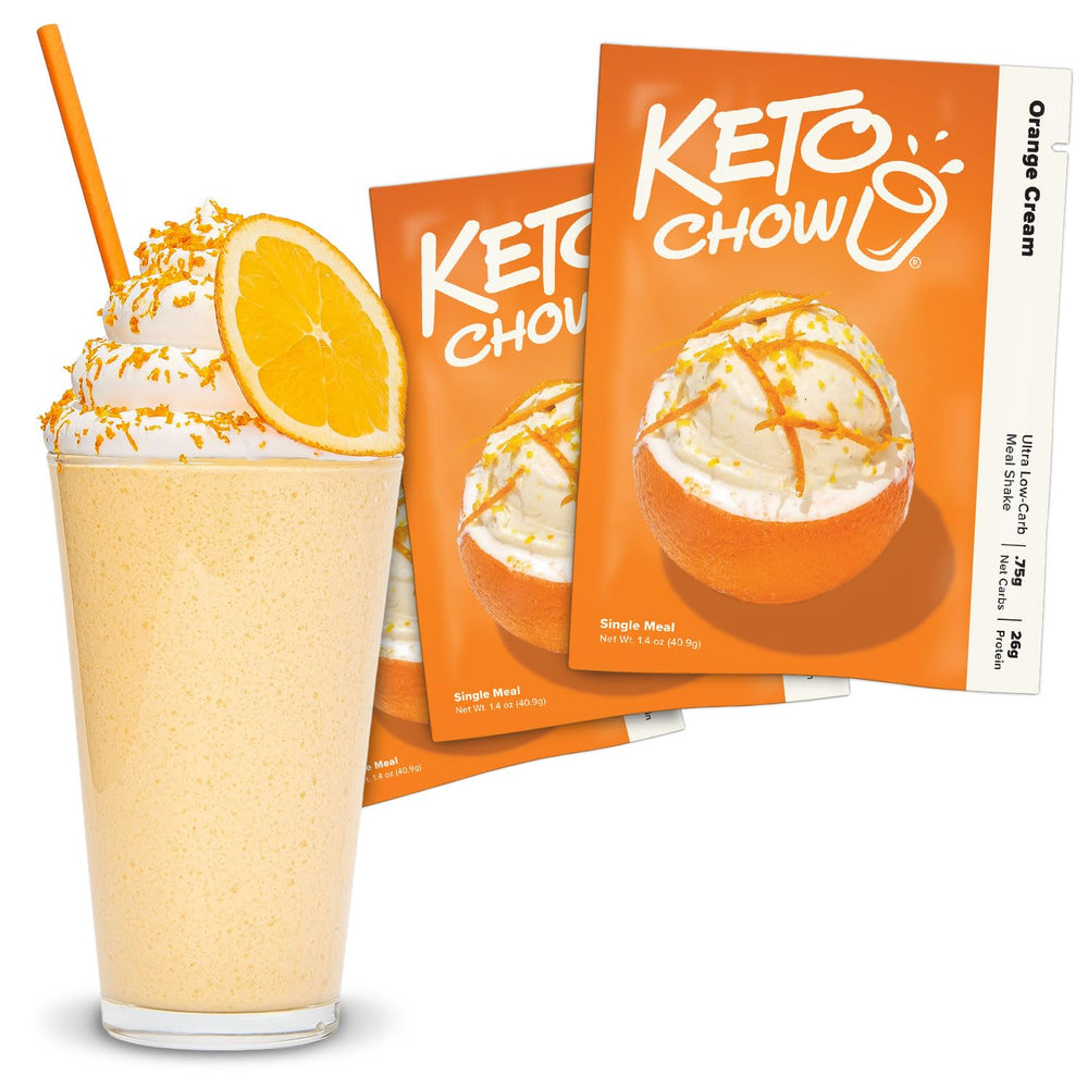 Keto Chow envase Orange Cream mostrando presentación práctica y sabor cítrico