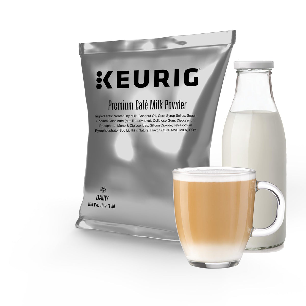 Keurig bolsa frontal mostrando marca y rendimiento aproximado, facilita reposición