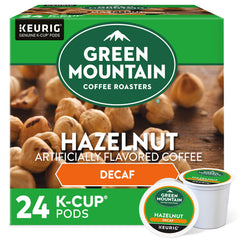 Keurig cápsulas Green Mountain Hazelnut Decaf frontal muestra empaque y conveniencia