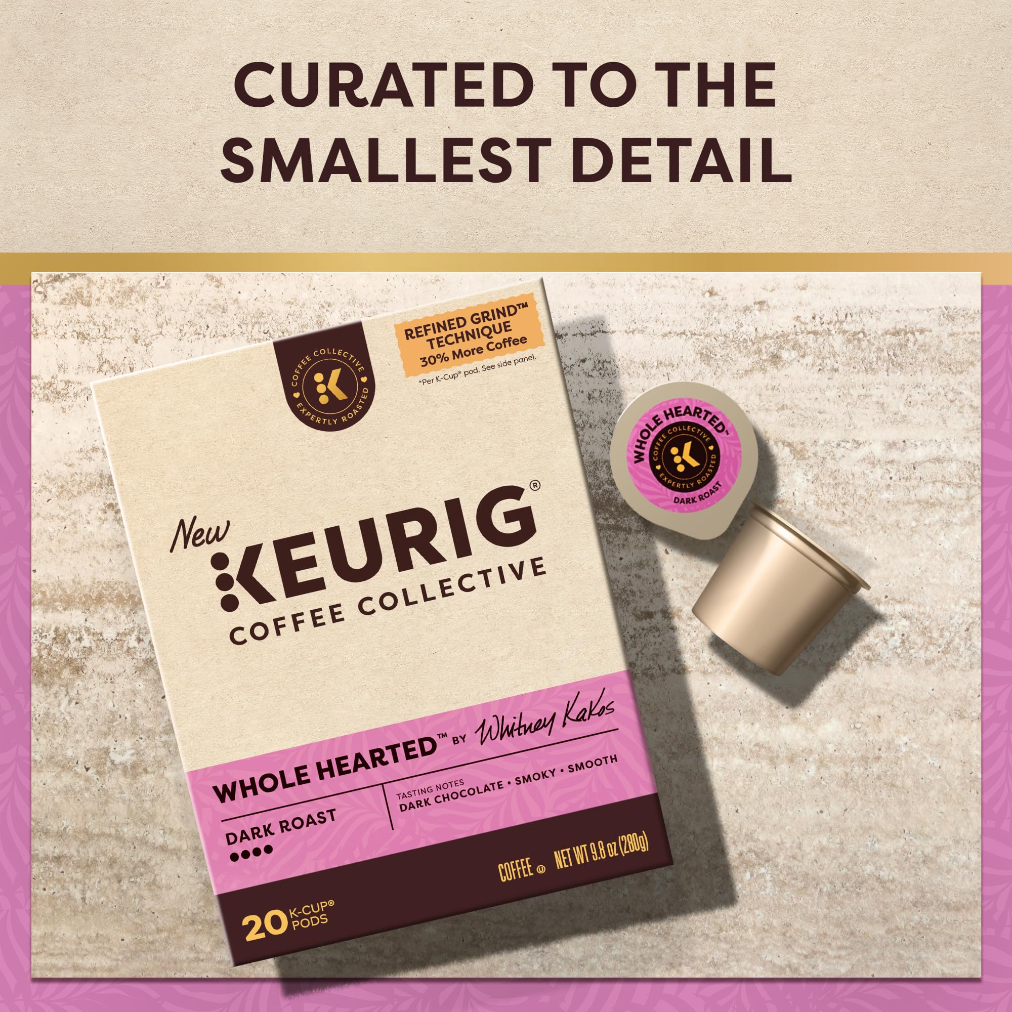 KEURIG COFFEE COLLECTIVE cápsula abierta con molienda densa evidenciando Refined Grind