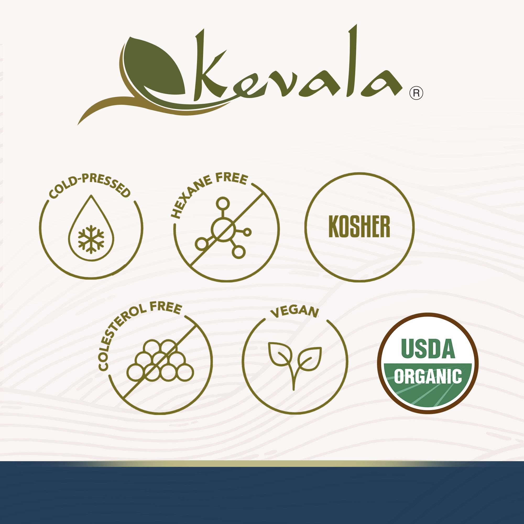 kevala etiqueta con certificaciones orgánico, kosher y sin OGM visibles