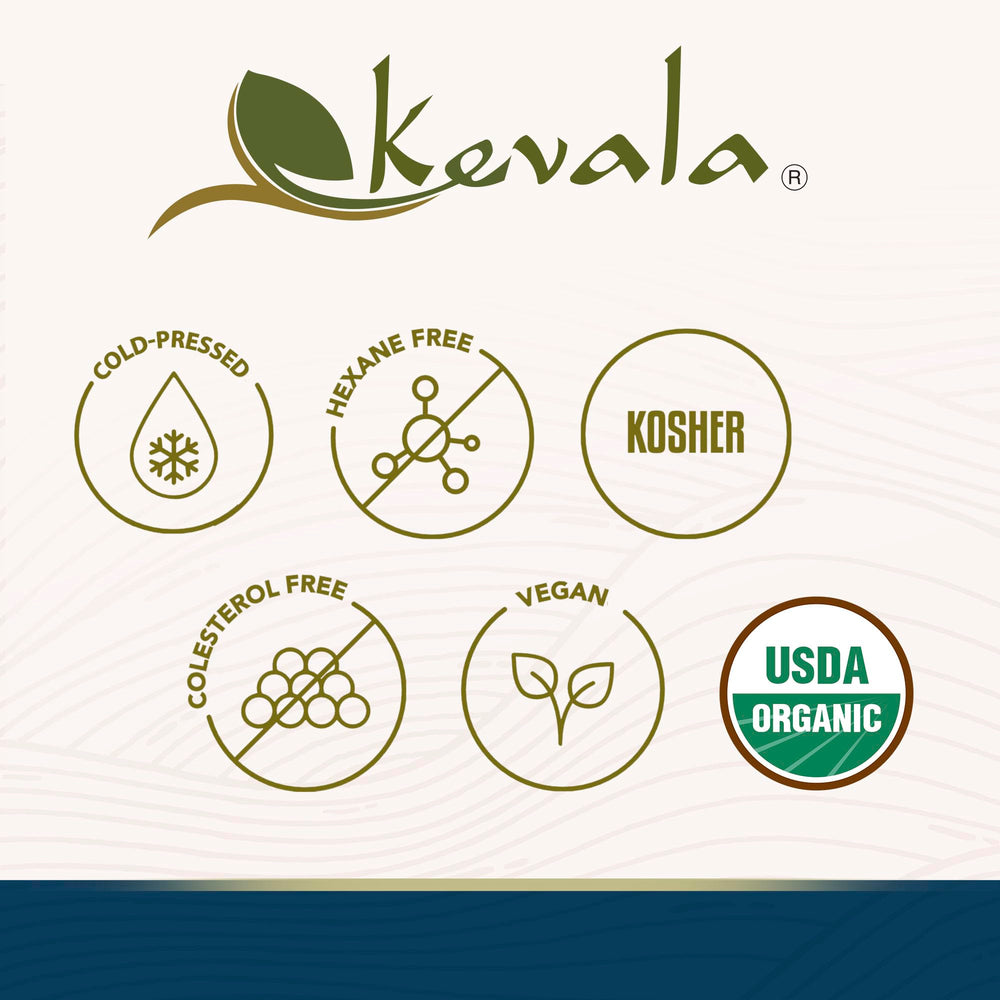 kevala etiqueta con certificaciones orgánico, kosher y sin OGM visibles