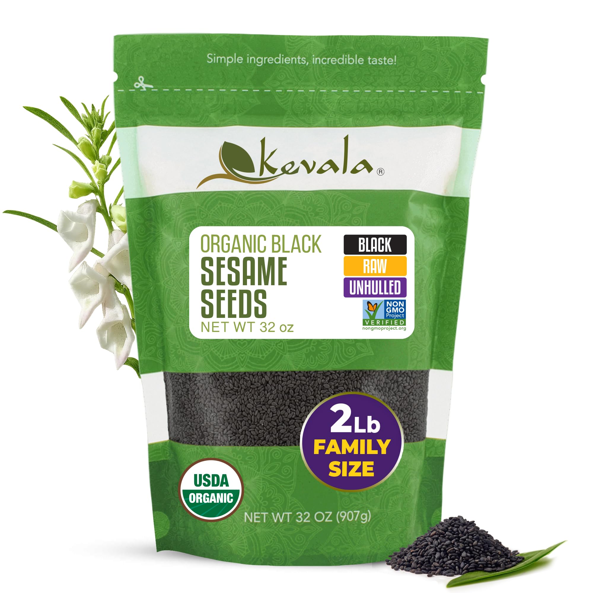 Kevala empaque frontal de semillas de sésamo negro, conserva frescura