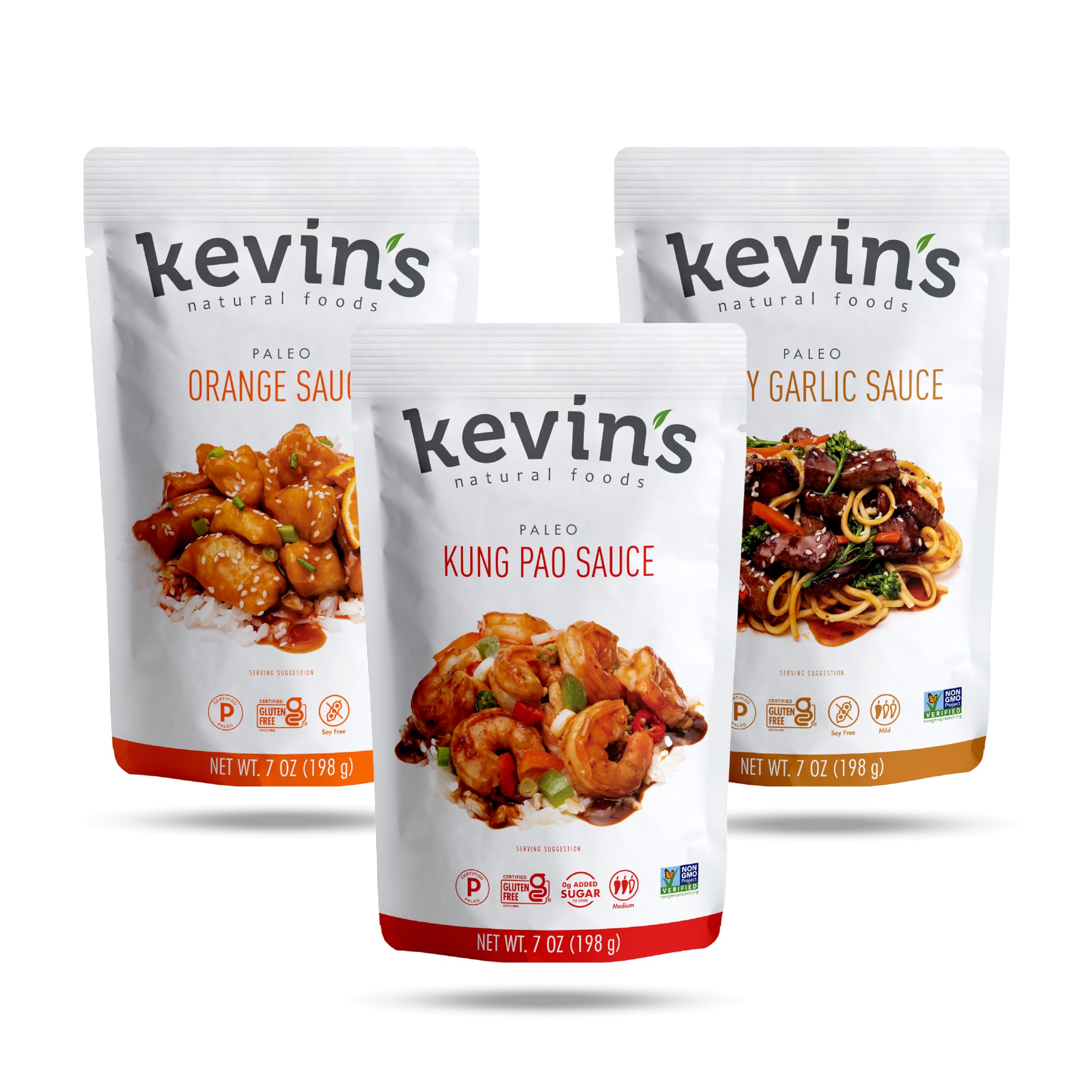 Kevin's Natural Foods frente del pack trio mostrando las tres salsas y beneficio de variedad
