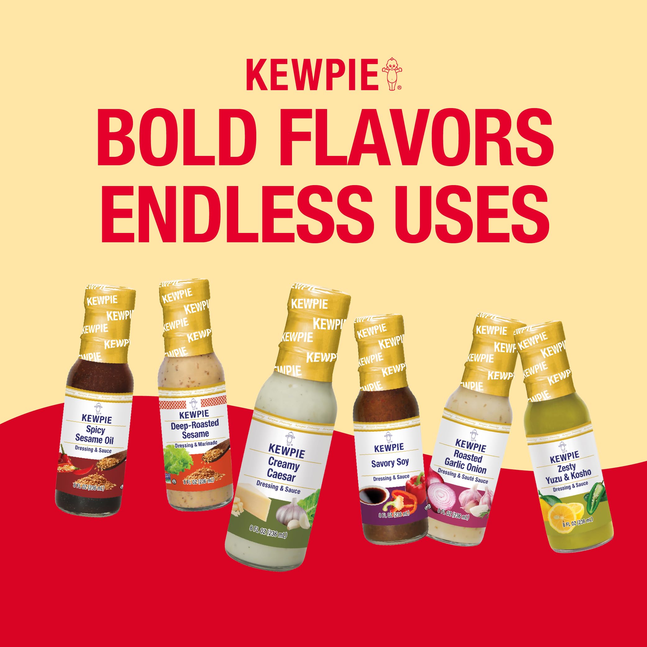 Kewpie botella comparada con una mano para ilustrar escala grande