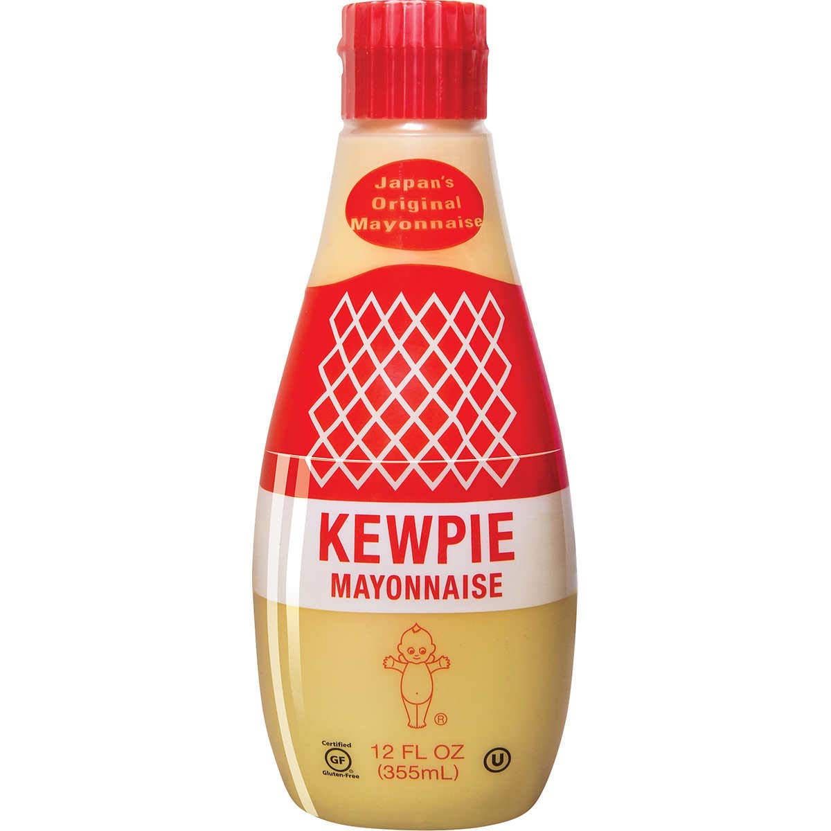 Kewpie frasco frontal mostrando etiqueta y tamaño, aporta sabor umami