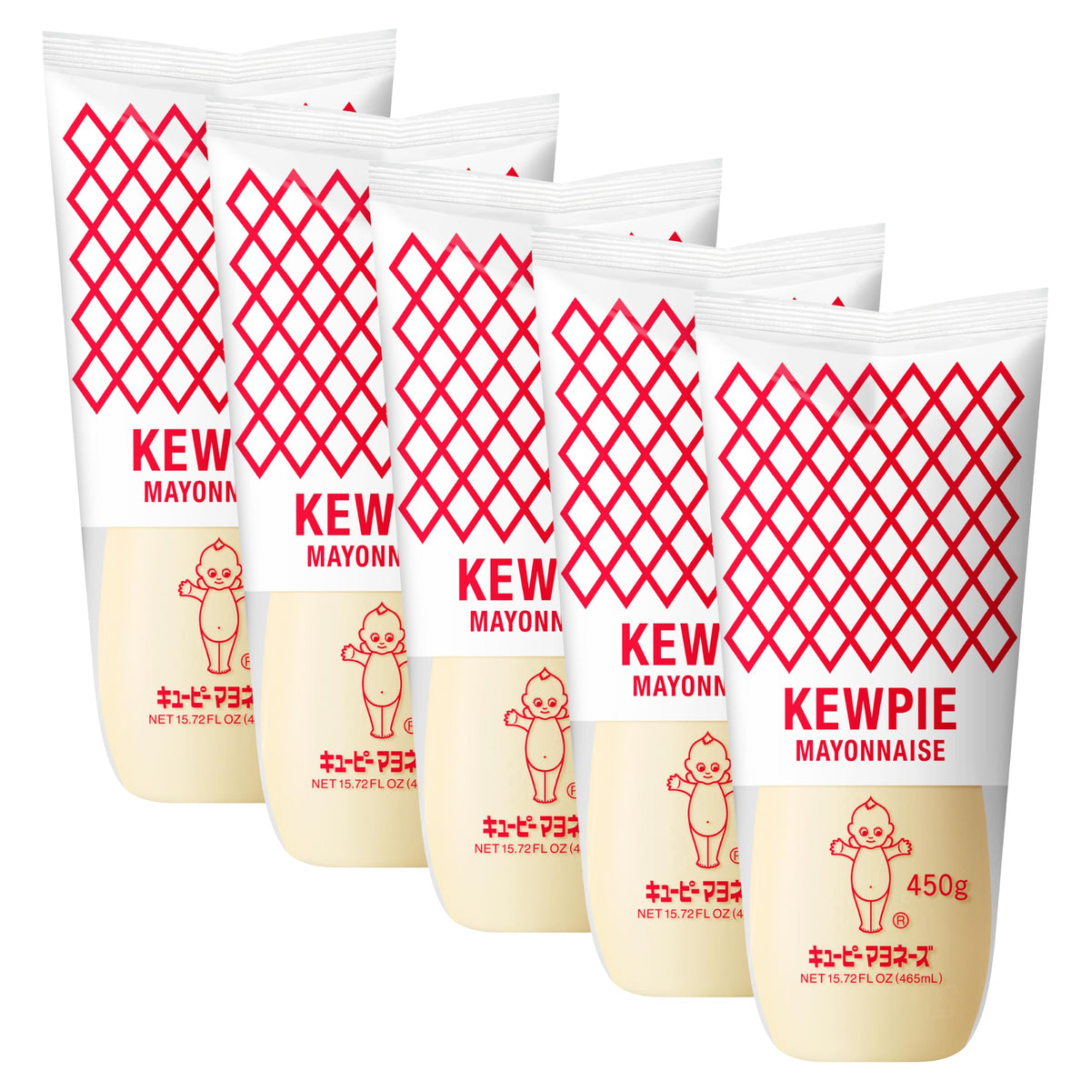 Kewpie botella frontal mostrando diseño y formato 450 g, ideal para despensa