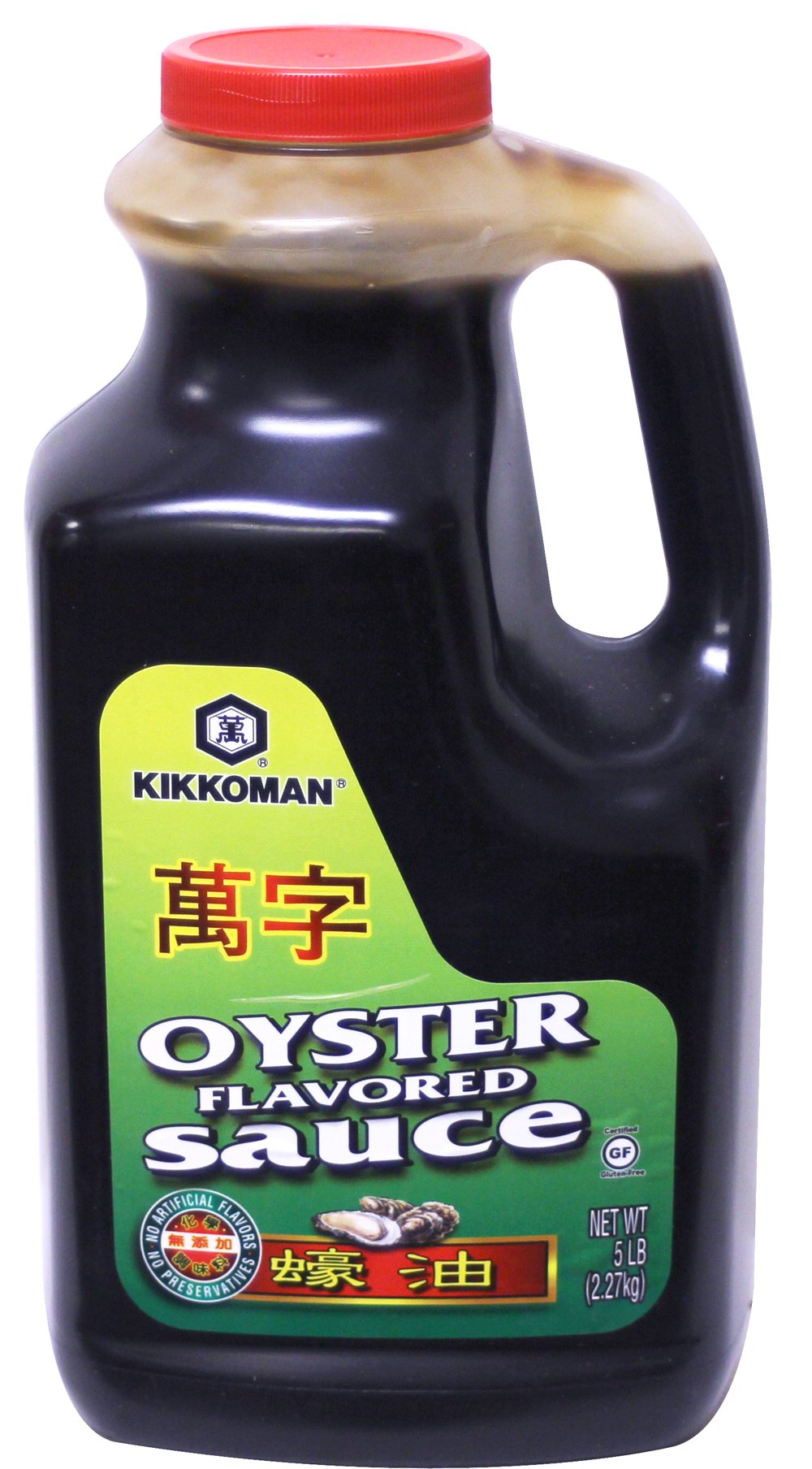 Kikkoman Oyster Flavored Sauce etiqueta verde frontal mostrando formato de 5 libras y conveniencia