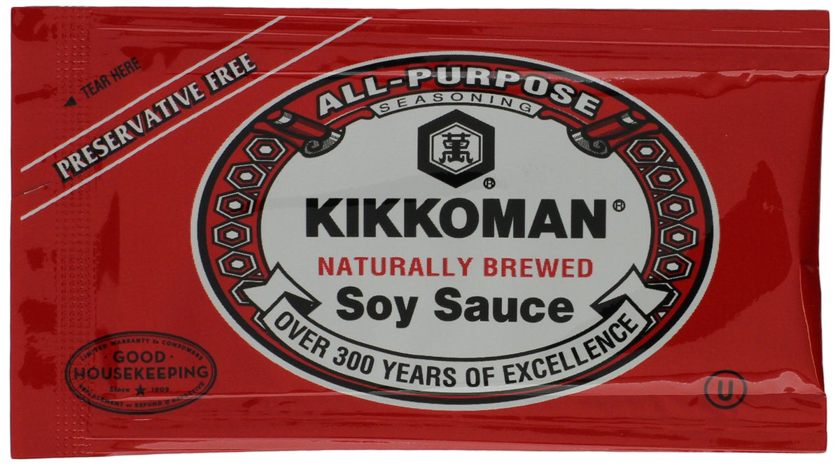 Kikkoman sobres frontales mostrando paquete y porciones fáciles de usar