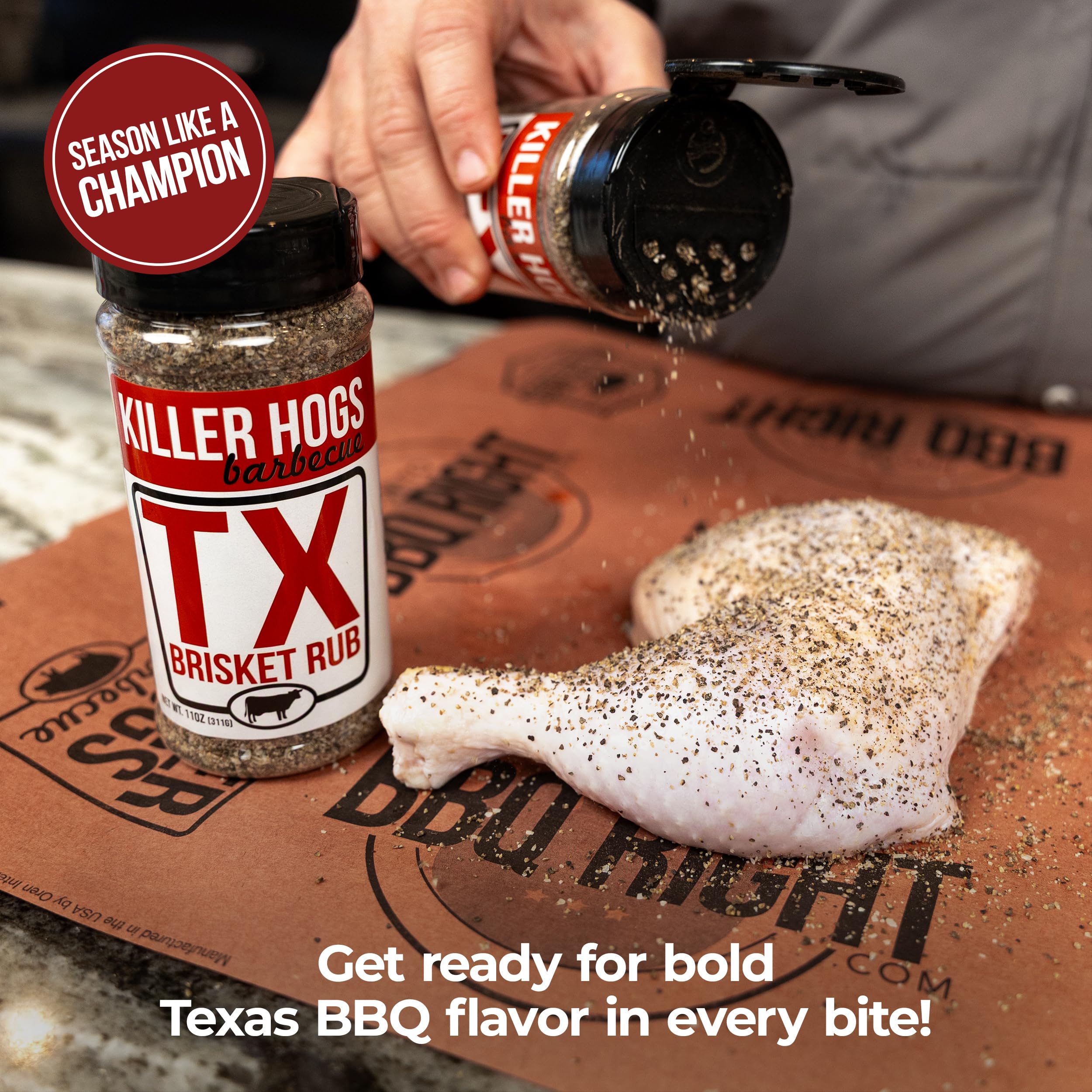 Killer Hogs sazonador aplicado en brisket ahumado, mejora la corteza y sabor
