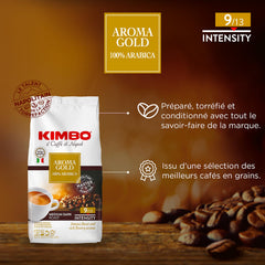 Kimbo granos enteros detalle mostrando textura y aroma intenso