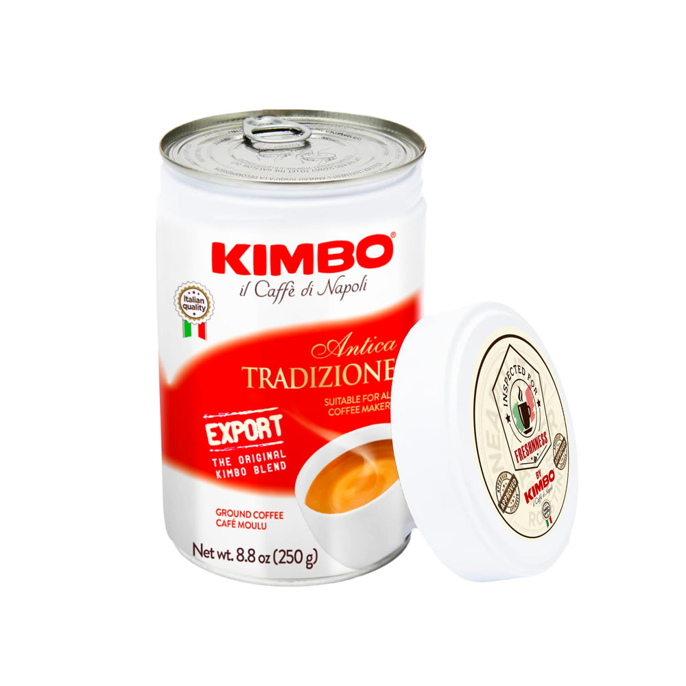 Kimbo lata frontal Antica Tradizione muestra la presentación y protección del aroma