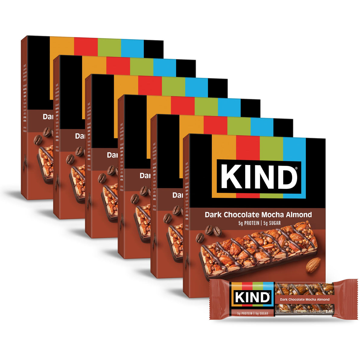 KIND empaque frontal Dark Chocolate Mocha Almond mostrando 36 barras y conveniencia