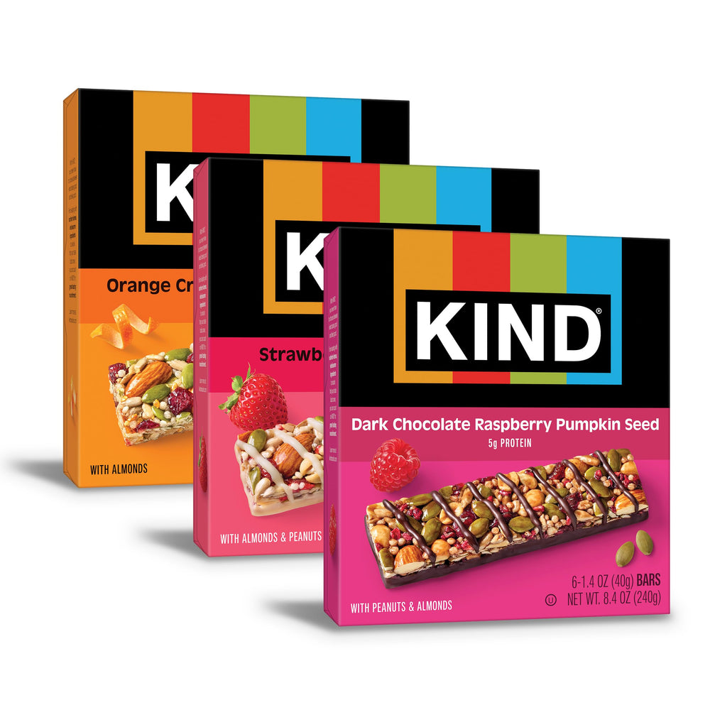 KIND pack frente mostrando las 18 barras y variedad de sabores para conveniencia