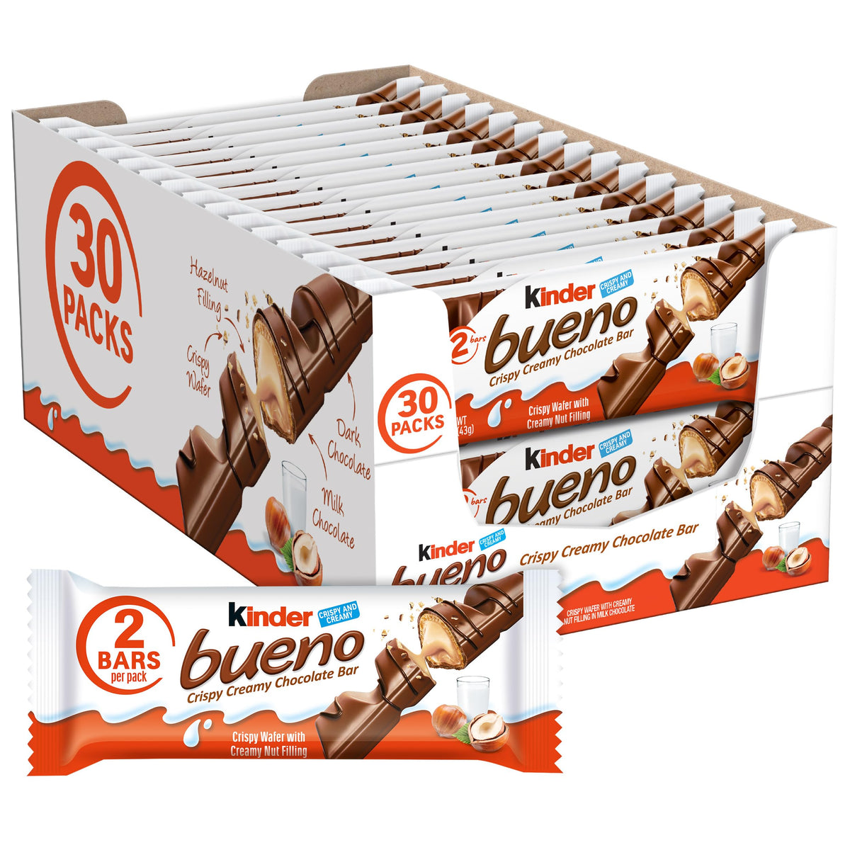 Kinder Bueno frontal del paquete mostrando marca y conveniencia para compartir