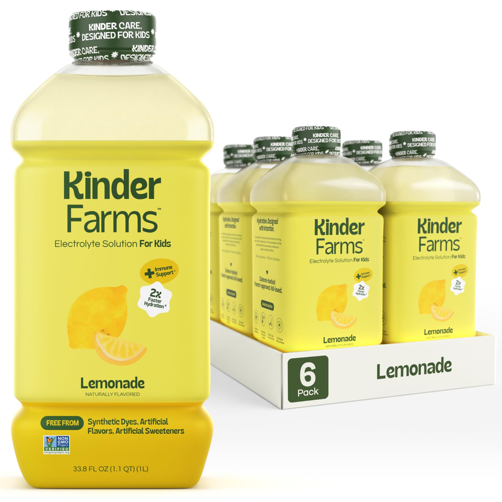 KinderFarms frente del paquete Lemonade mostrando 6 botellas, hidratación rápida