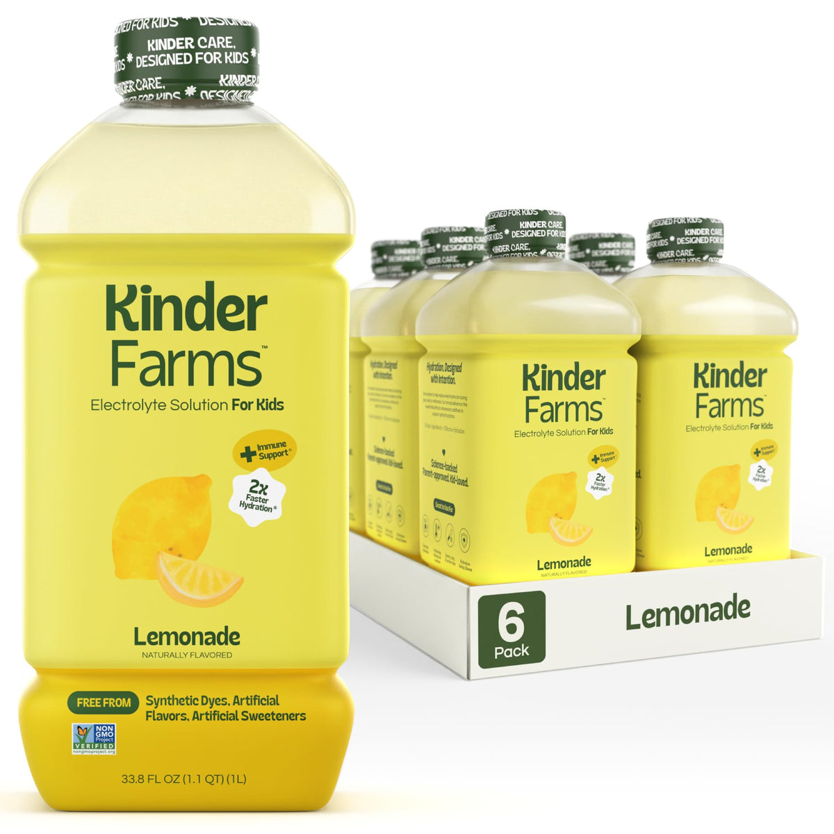 KinderFarms frente del paquete Lemonade mostrando 6 botellas, hidratación rápida