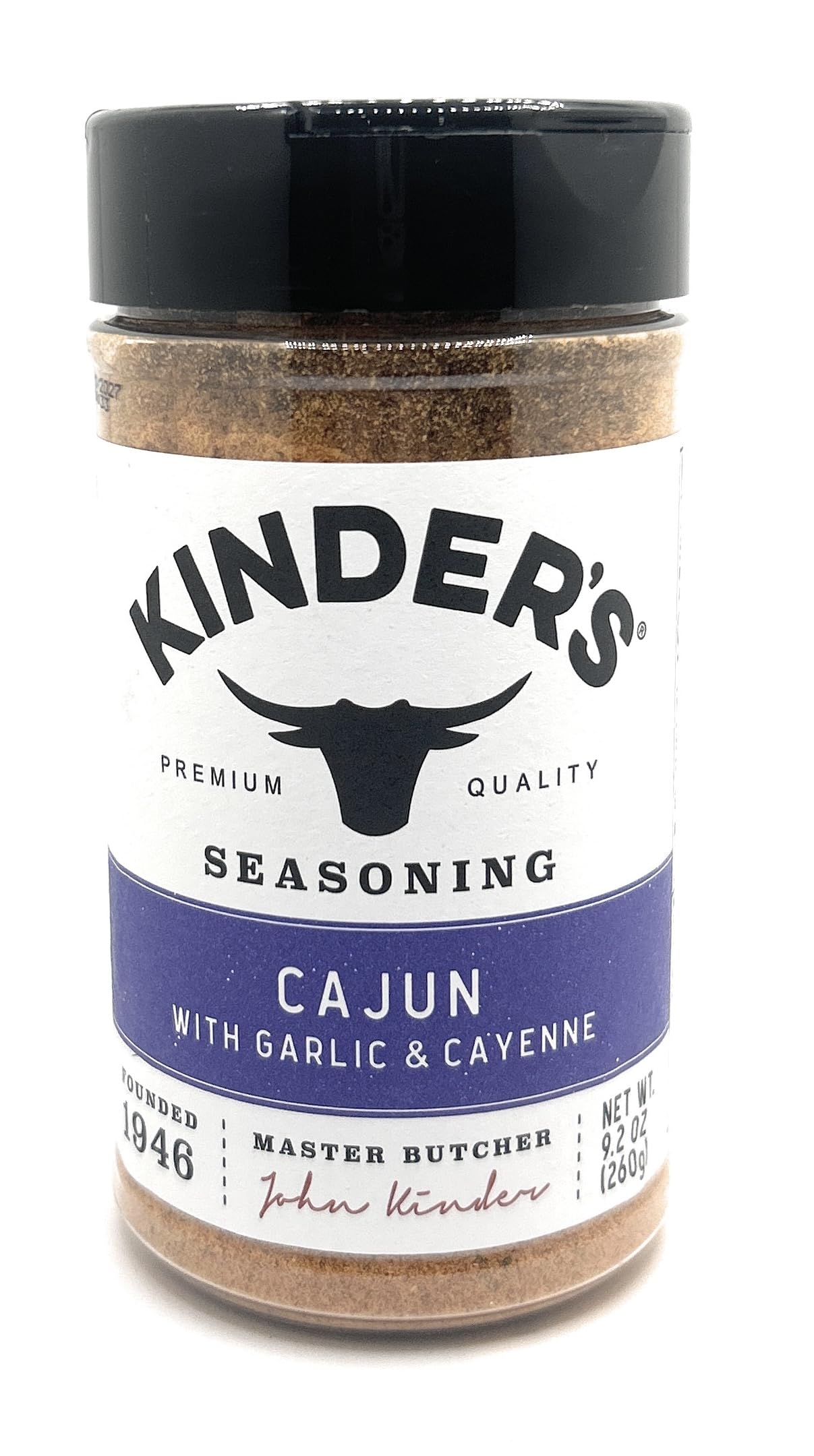 Kinder's frasco frontal del sazonador cajún mostrando etiqueta y dosificador práctico