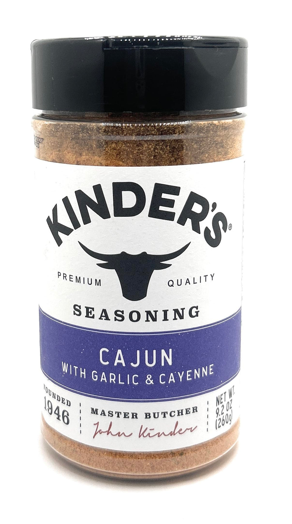 Kinder's frasco frontal del sazonador cajún mostrando etiqueta y dosificador práctico