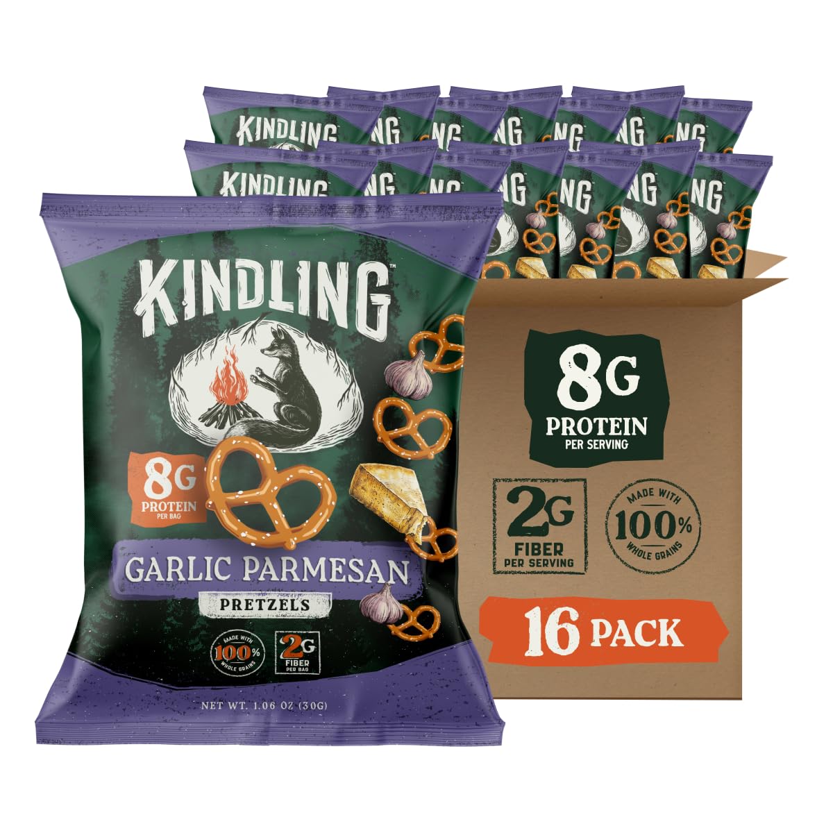 Kindling empaque frontal mostrando 16 paquetes, práctico para llevar