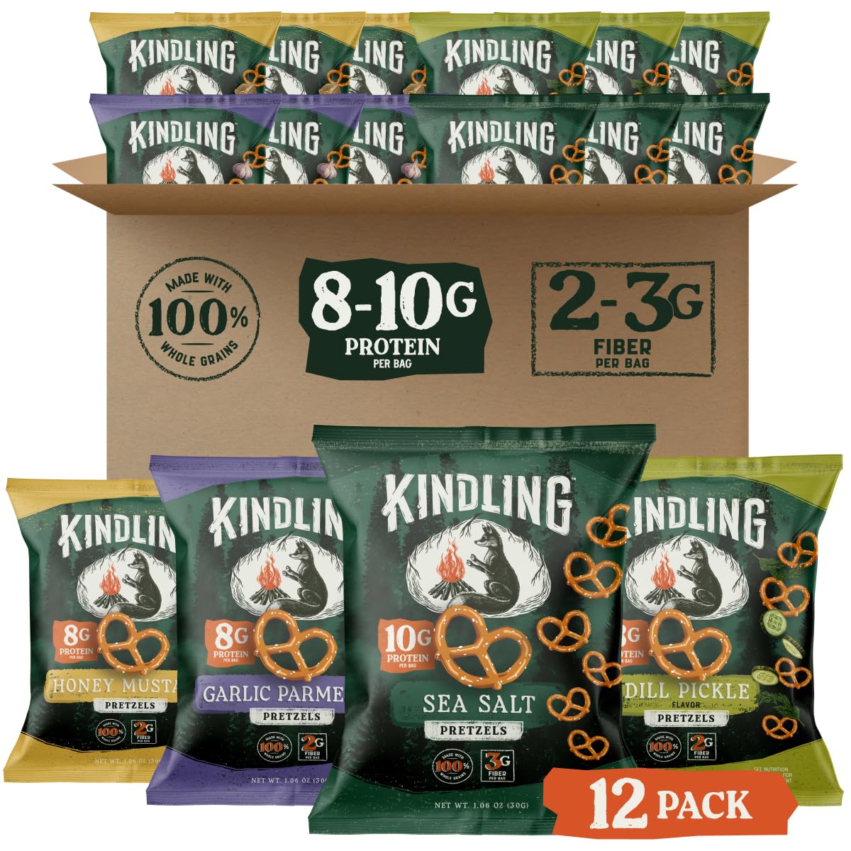 Kindling pretzels empaque frontal mostrando variedad y conveniencia