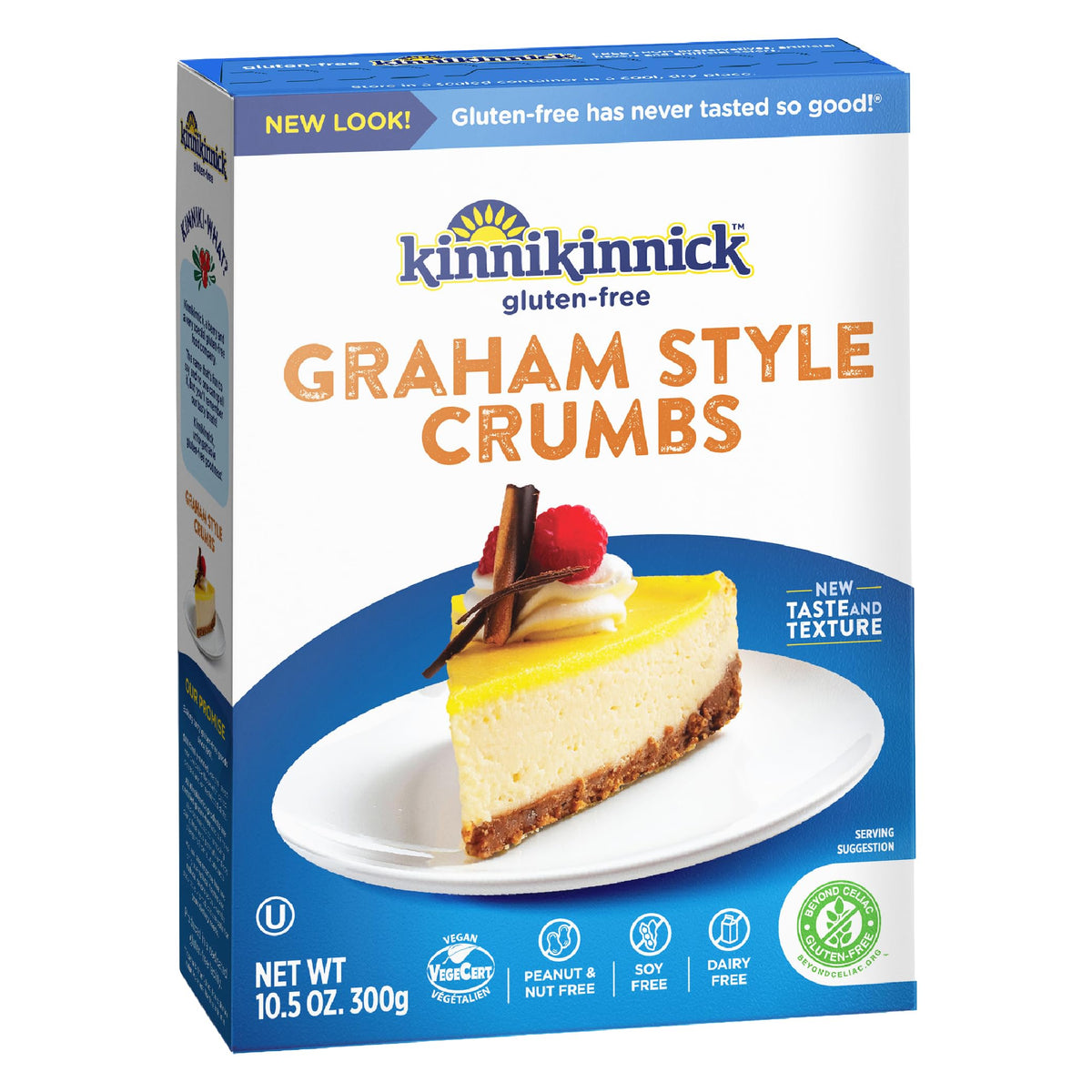 Kinnikinnick caja frontal mostrando migas graham sin gluten y uso práctico