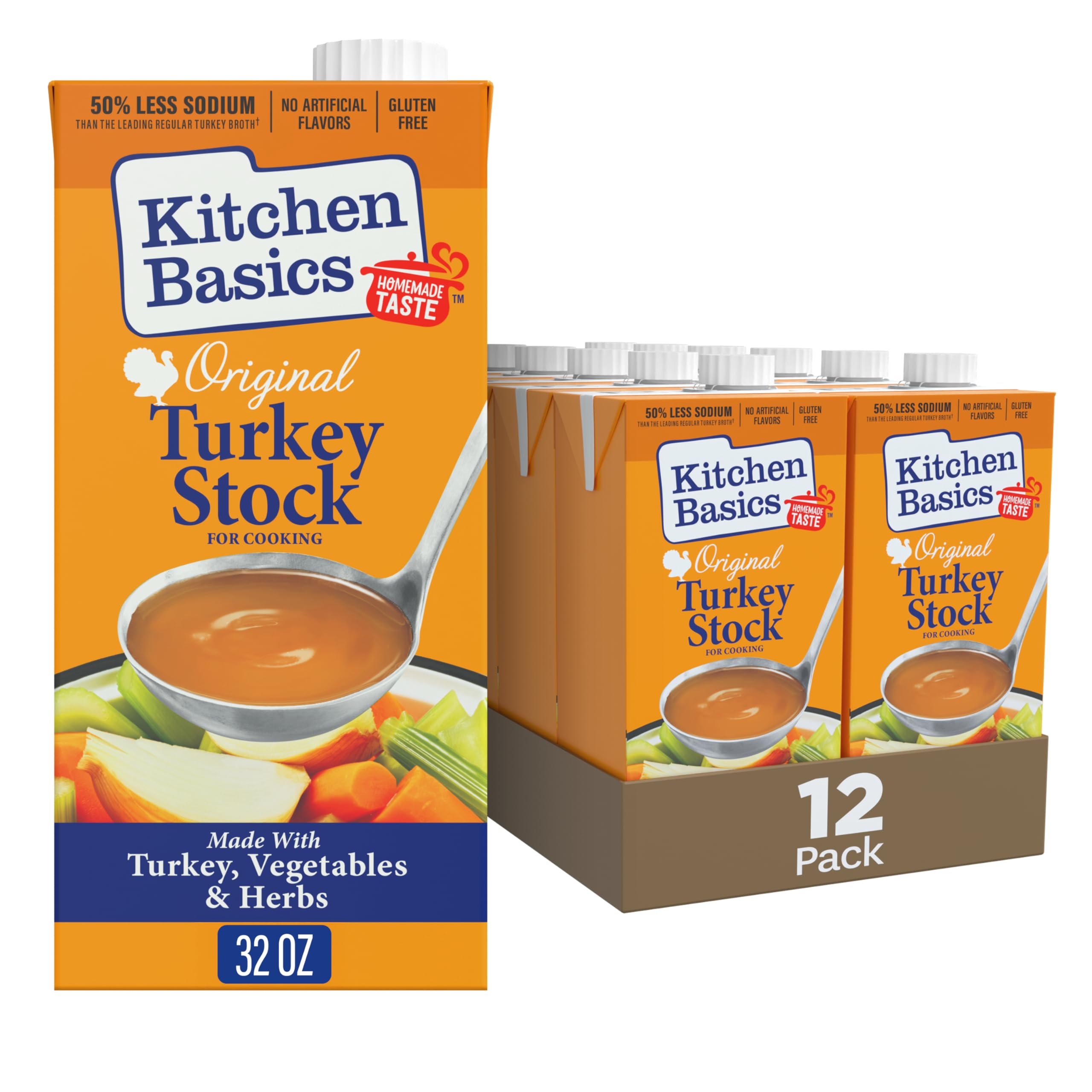 Kitchen Basics frente del empaque mostrando caja de 32 oz y conveniencia