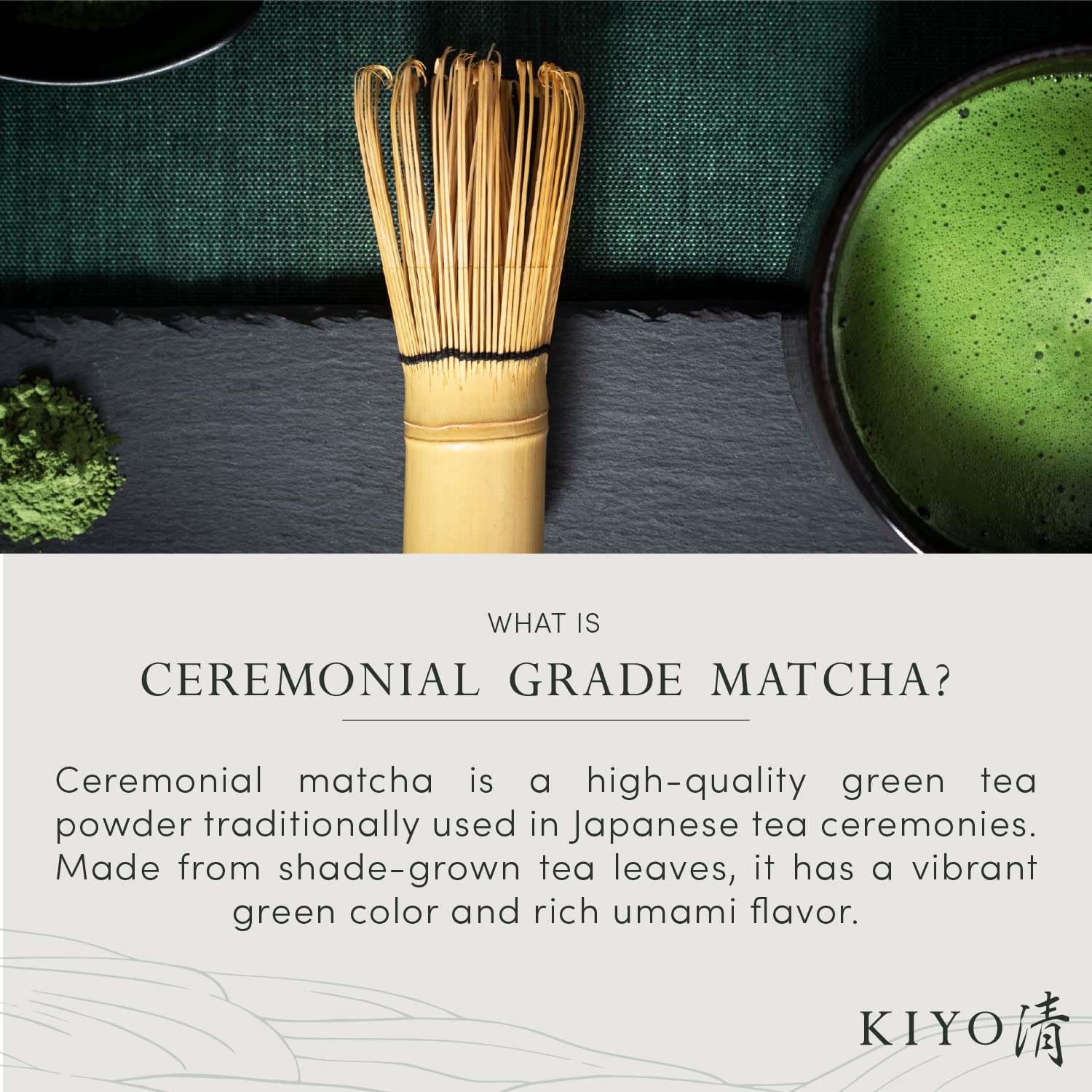 Kiyo Matcha paquete de 40g junto a regla para escala