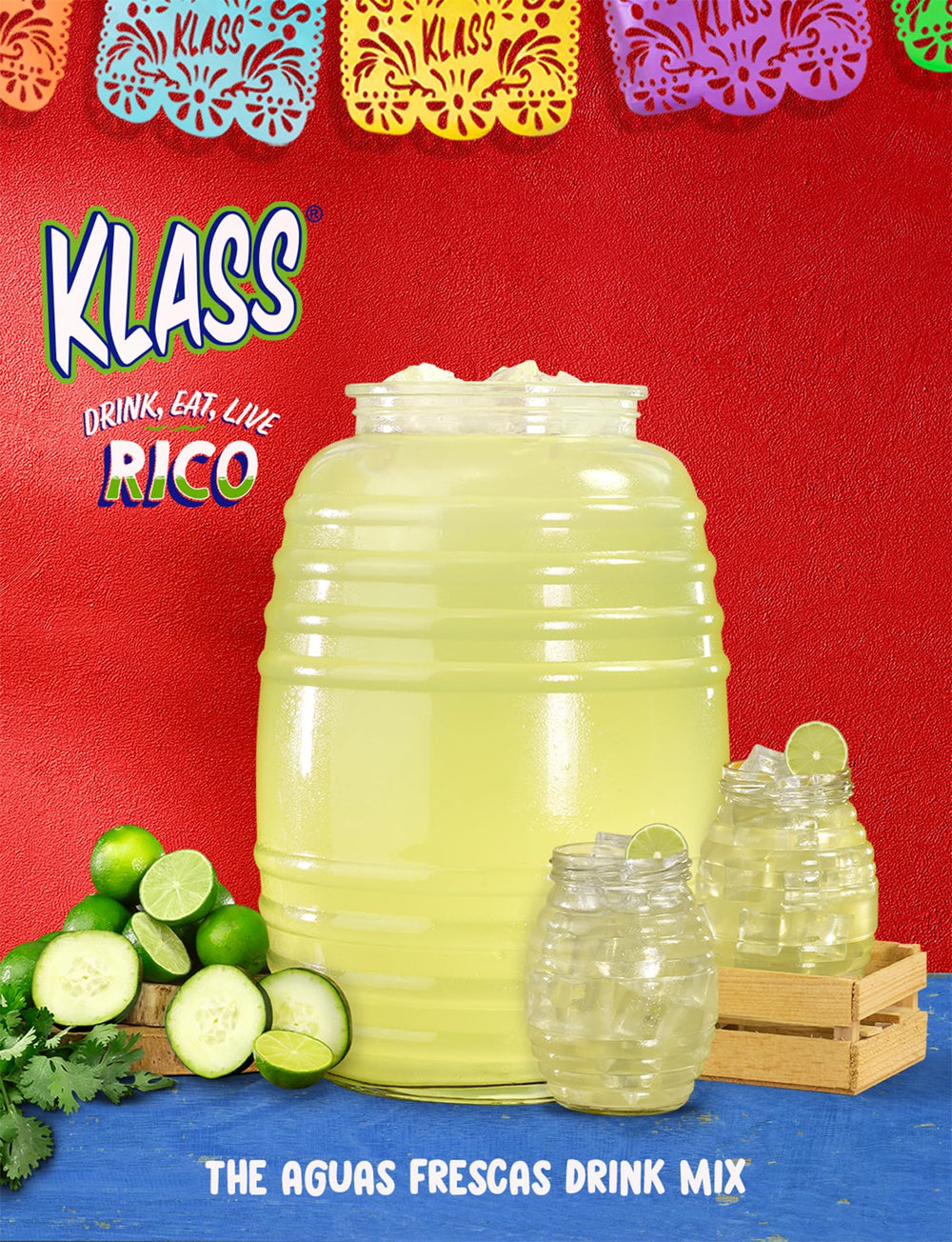 Klass Aguas Frescas jarra servida con hielo que muestra aspecto refrescante