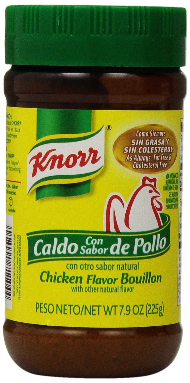 Knorr caldo granulado frente del envase mostrando marca y tamaño, aporta sabor consistente