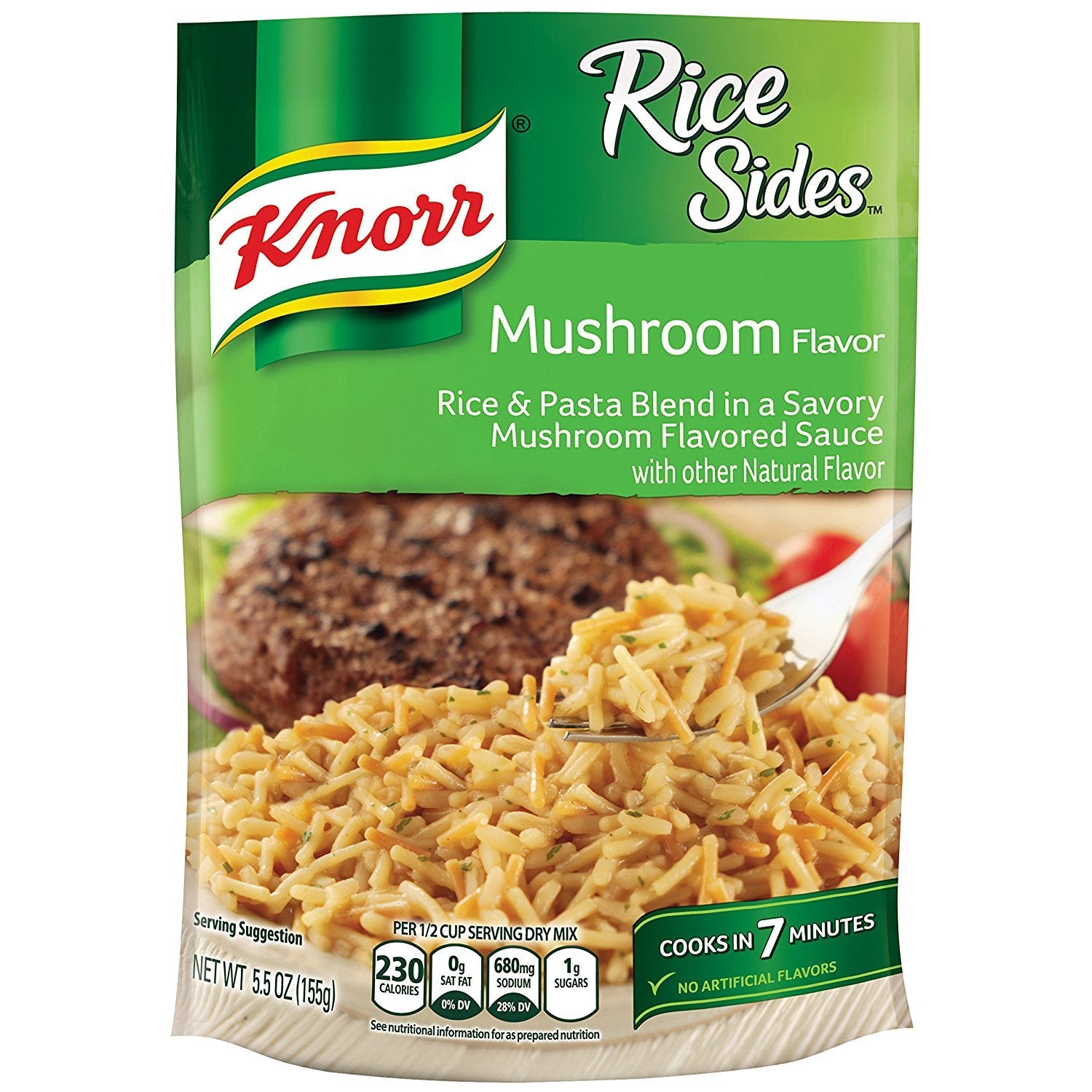 Knorr envase frontal Rice Sides champiñón mostrando etiqueta clara y práctico uso