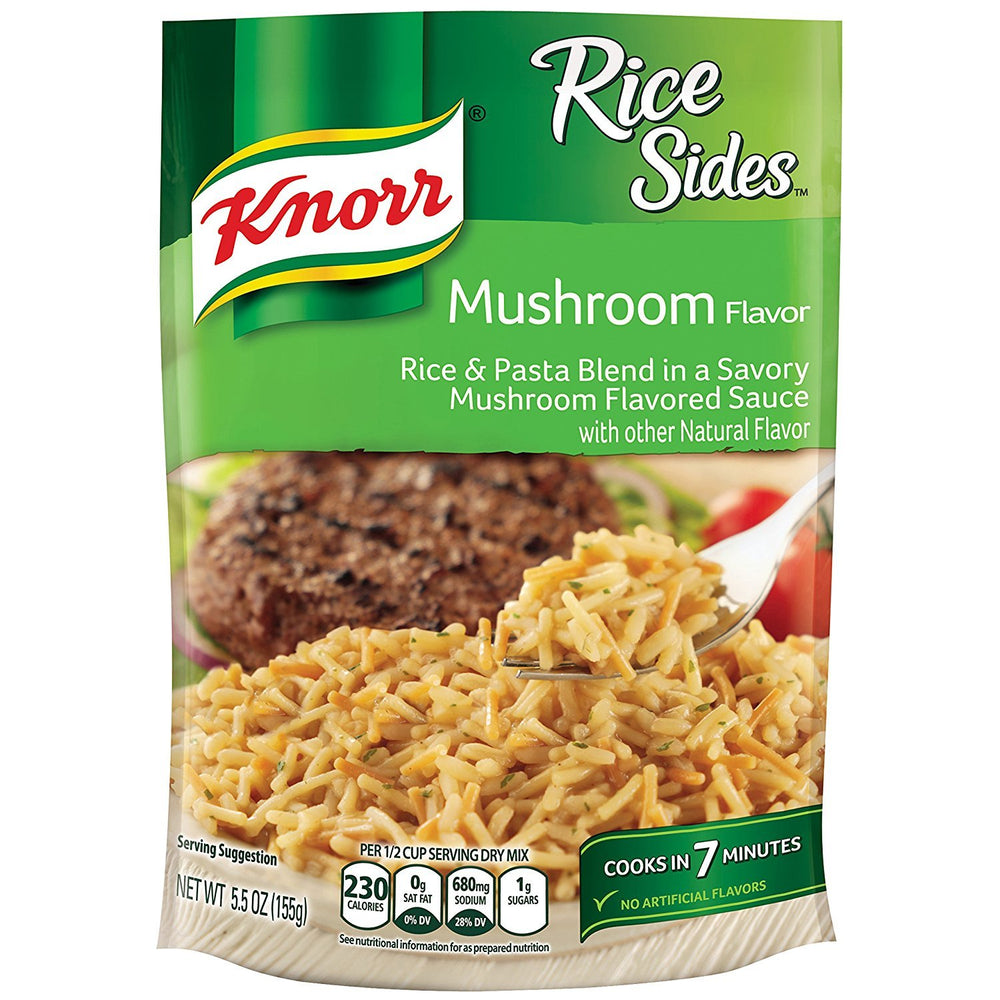 Knorr envase frontal Rice Sides champiñón mostrando etiqueta clara y práctico uso