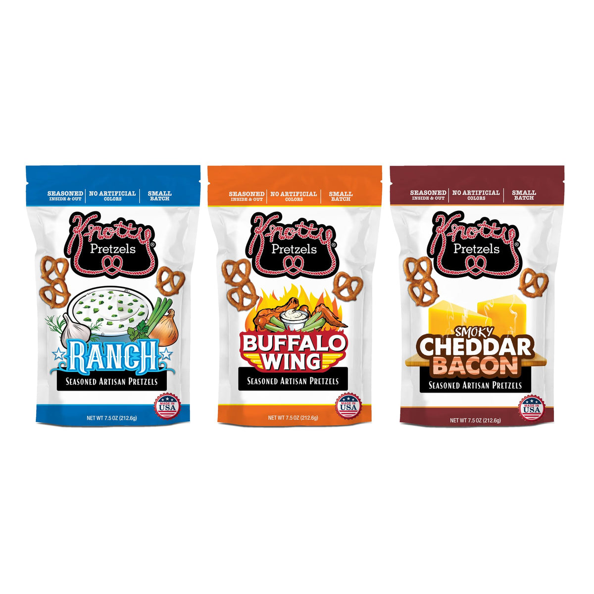 Knotty Pretzels frente del empaque mostrando sabor y beneficio práctico
