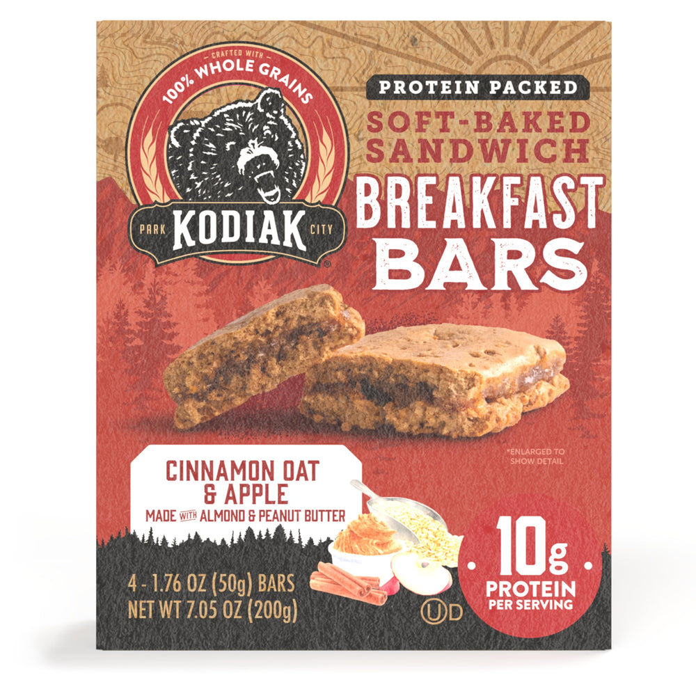 Kodiak Cakes caja abierta con cuatro barritas para almacenamiento práctico y organizado