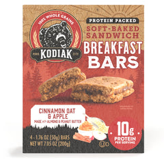 Kodiak Cakes caja abierta con cuatro barritas para almacenamiento práctico y organizado
