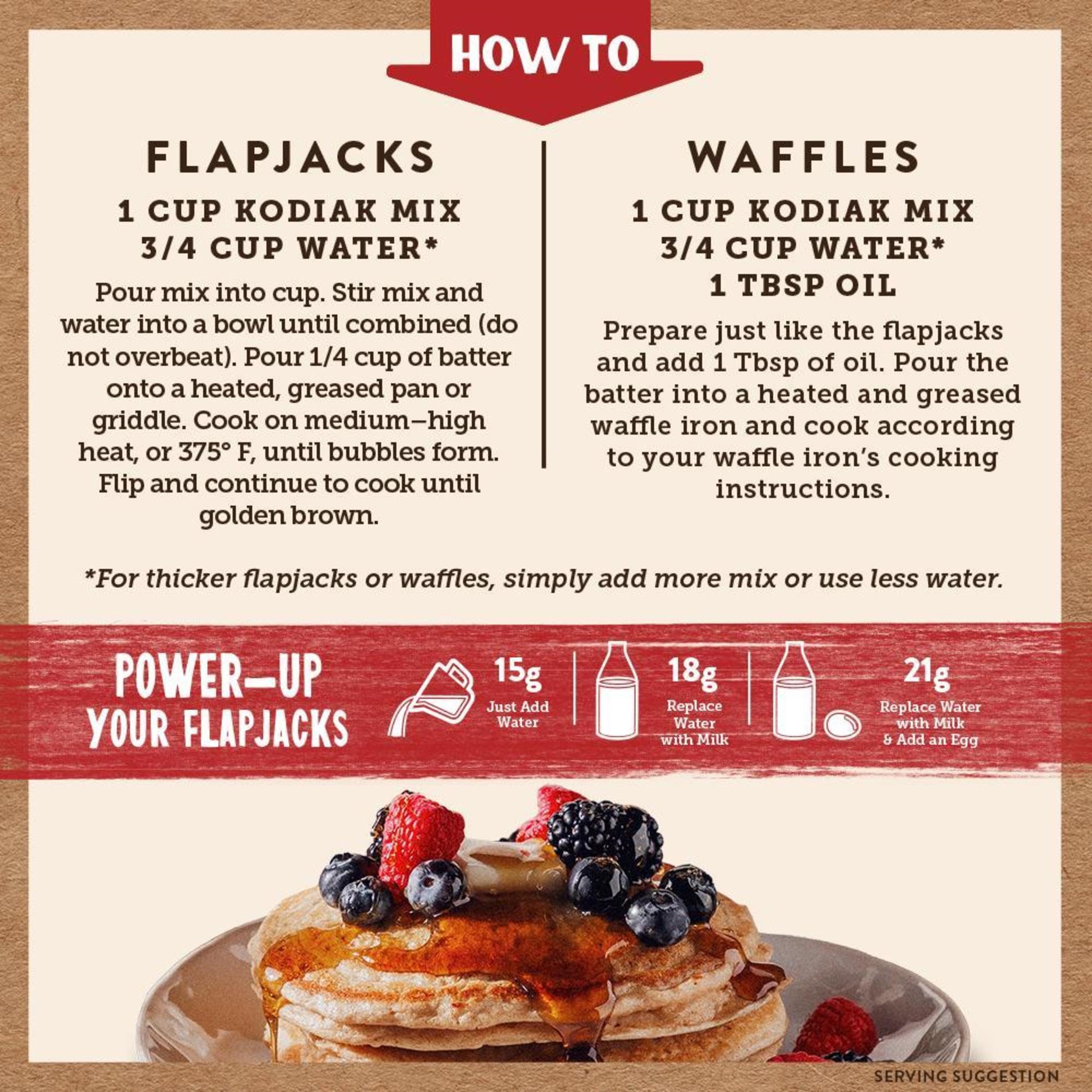 Kodiak Cakes comparación de tamaño en mano mostrando escala real del paquete