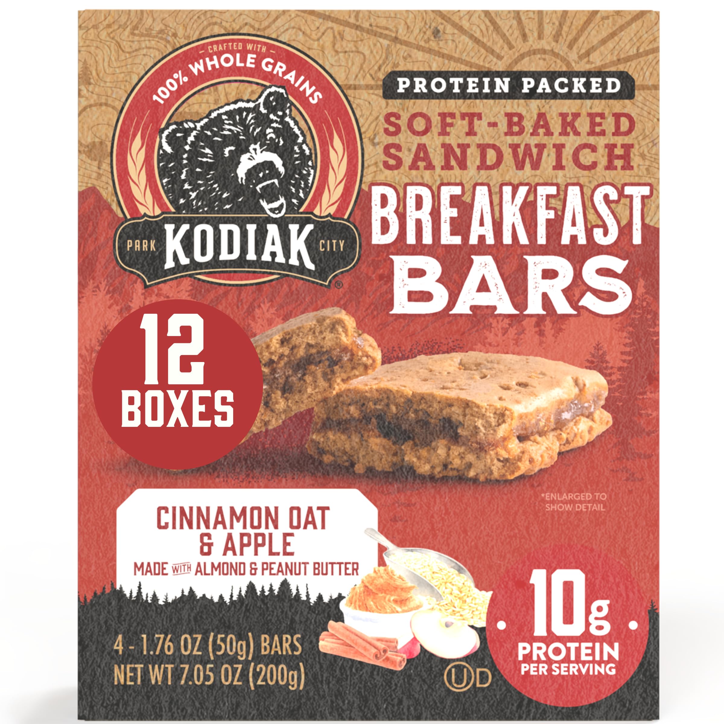 Kodiak Cakes empaque frontal mostrando el sabor canela avena y manzana y conveniencia