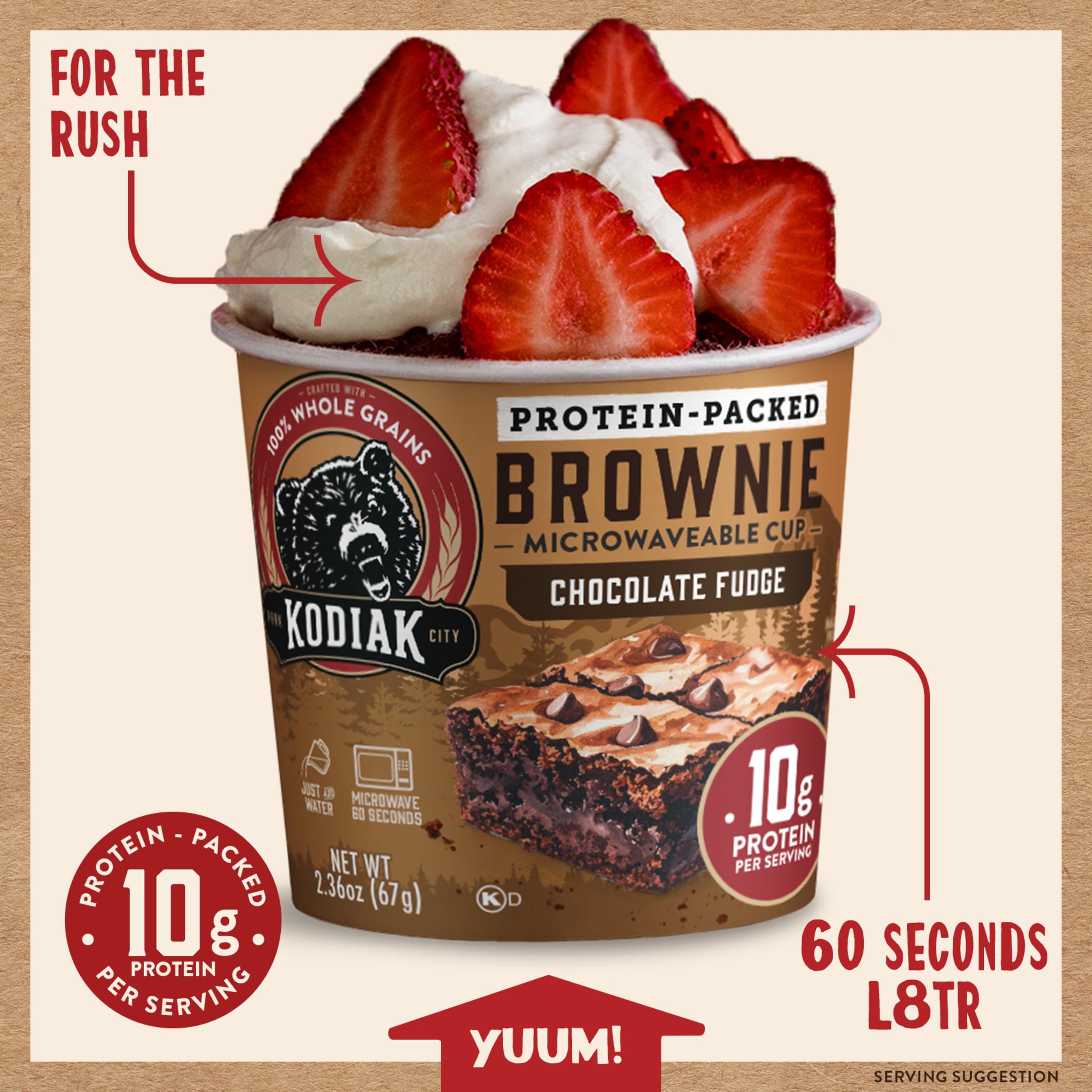 Kodiak Cakes taza dentro de microondas durante la preparación, demuestra facilidad de uso
