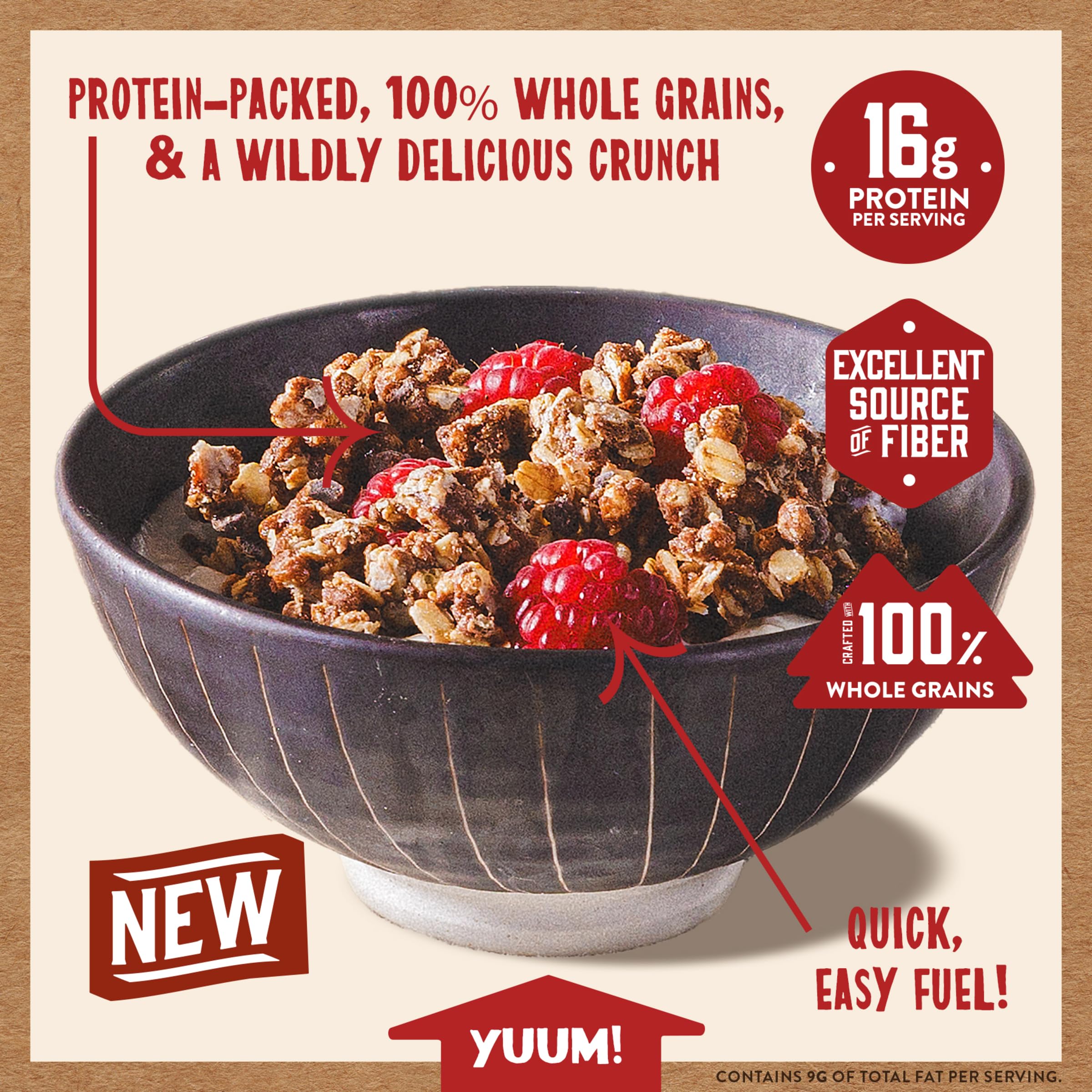 Kodiak Cakes granola servida sobre yogur para aumento de proteína y textura