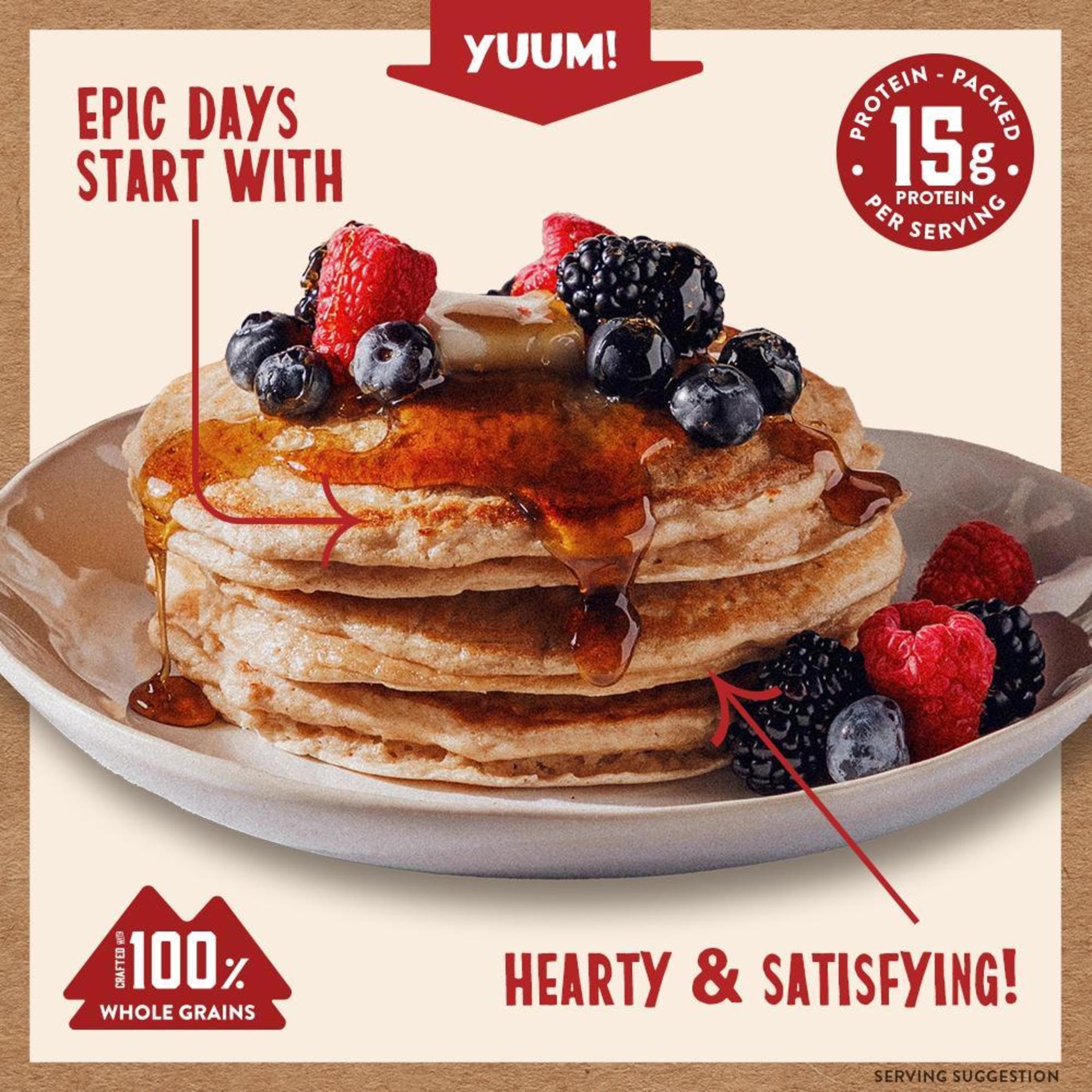 Kodiak Cakes envase abierto con cucharada mostrando textura y versatilidad