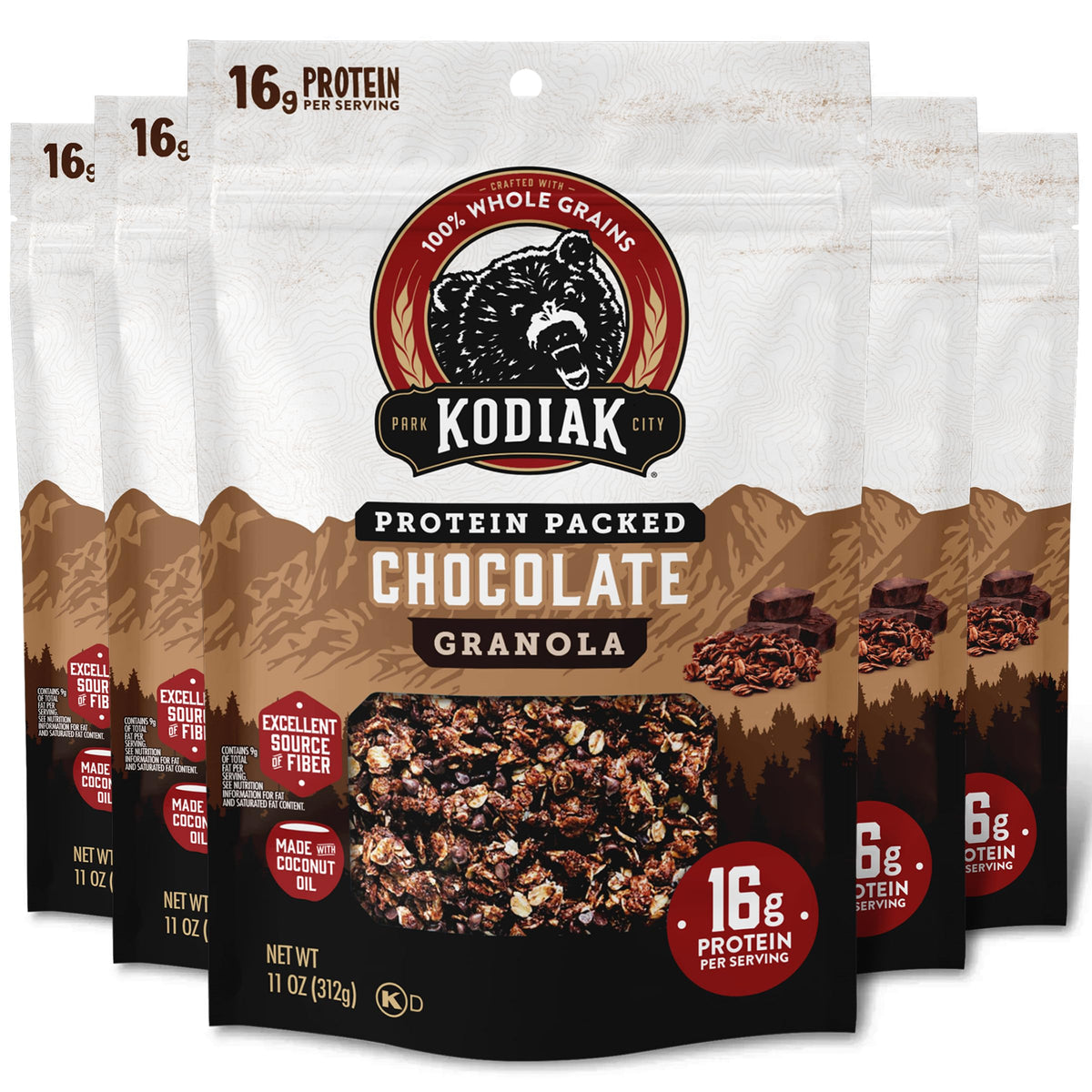 Kodiak Cakes frente del empaque mostrando 5 bolsas resellables y beneficio de porciones