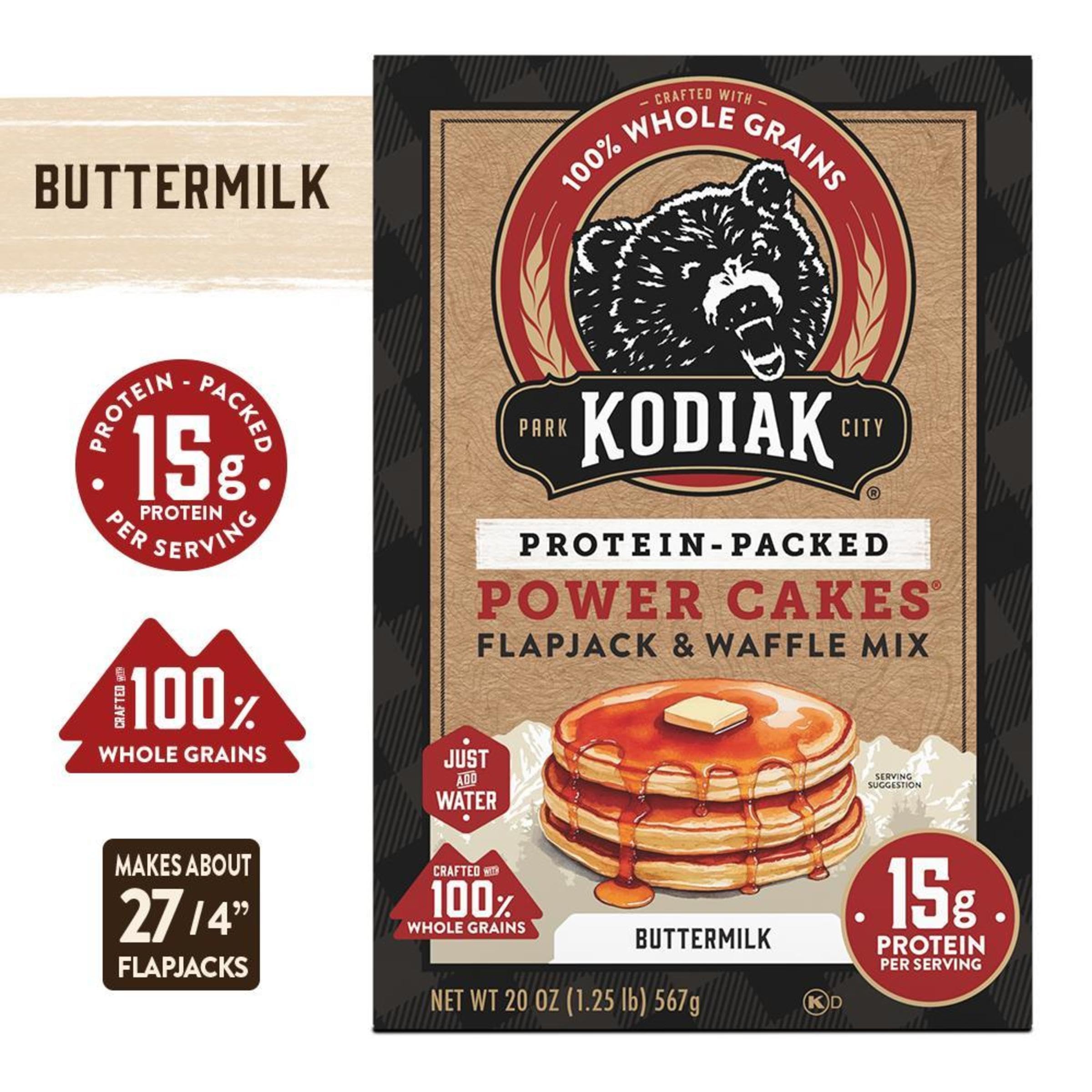 Kodiak Cakes enfoque en etiqueta de proteína indicando 14 g por porción