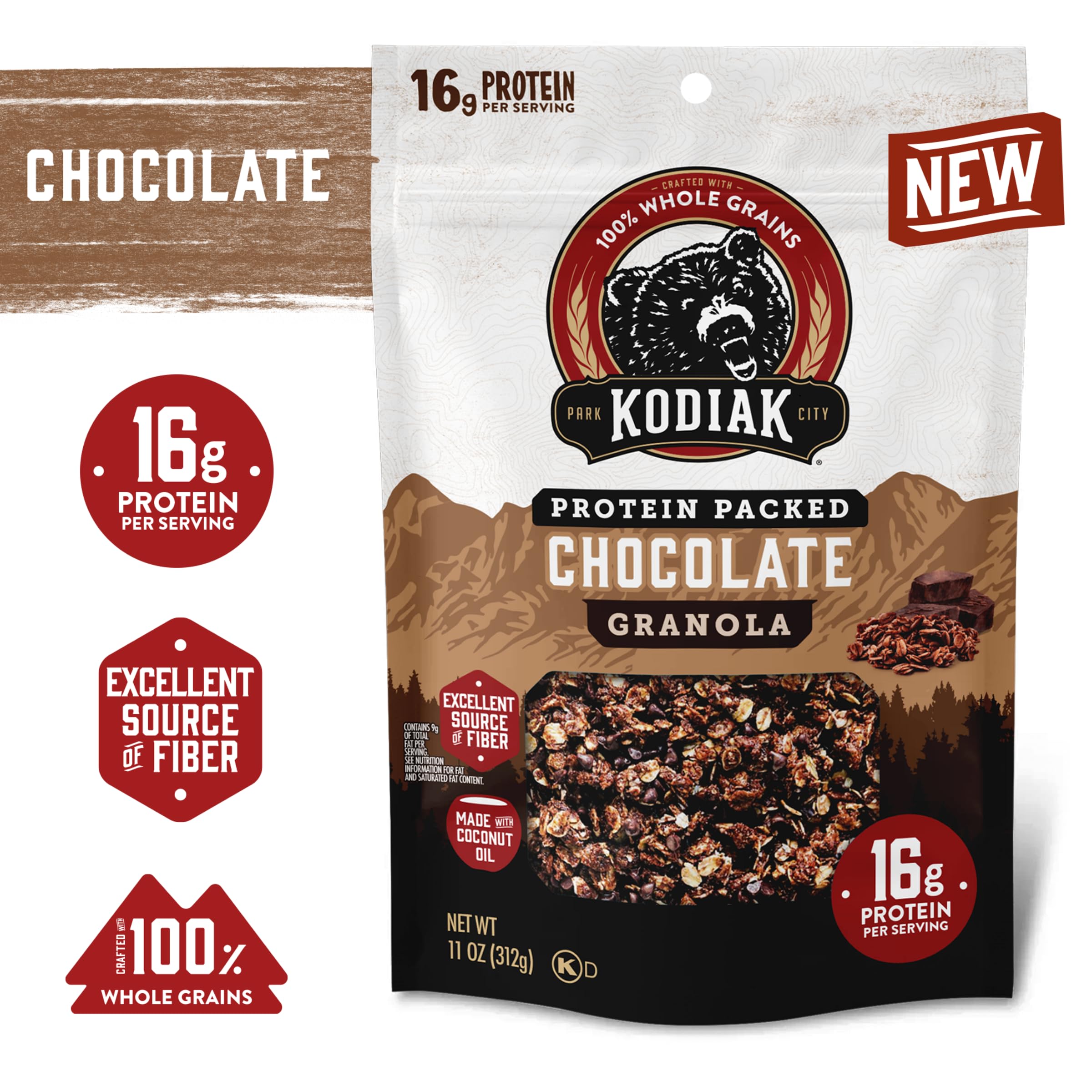 Kodiak Cakes enfoque en gránulos crujientes y trozos de chocolate para sabor intenso