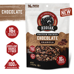 Kodiak Cakes enfoque en gránulos crujientes y trozos de chocolate para sabor intenso