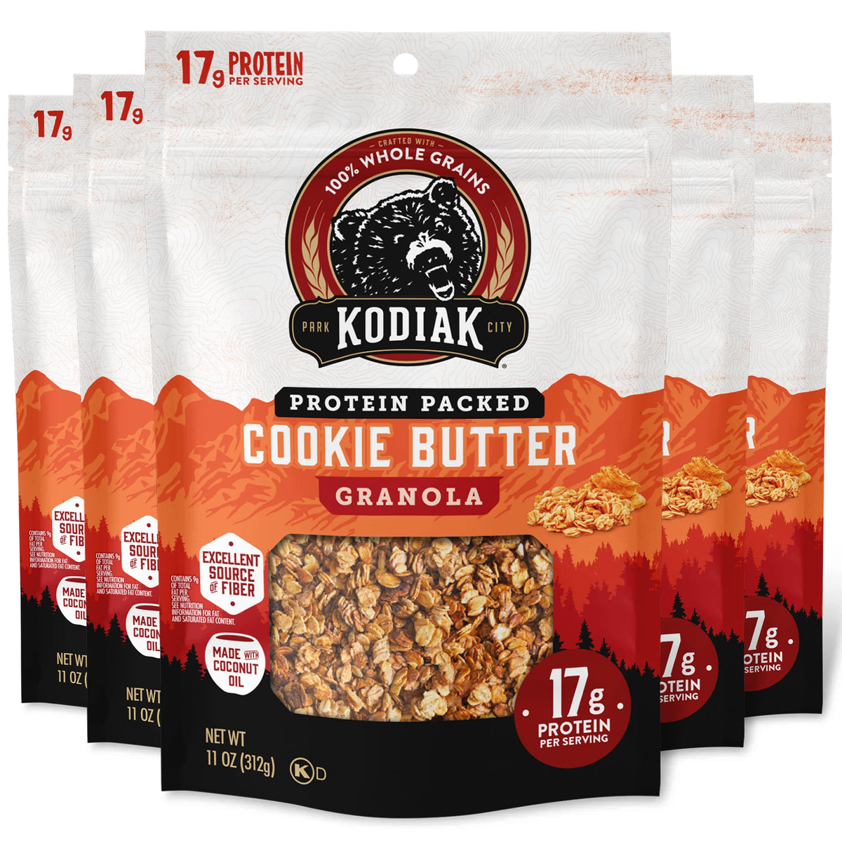 Kodiak Cakes frente del paquete con diseño y sello de proteína visible