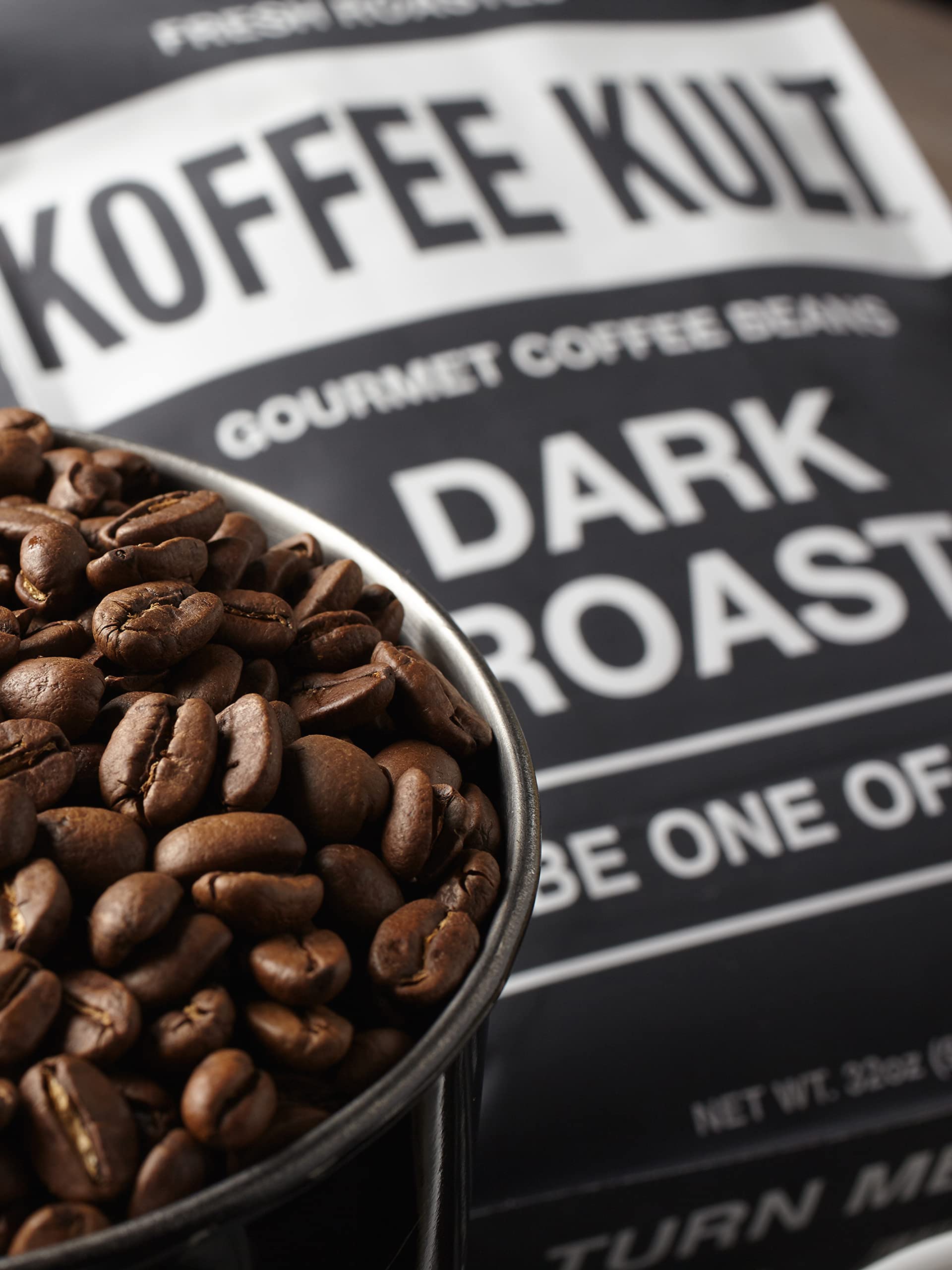 Koffee Kult etiqueta con orígenes Colombia Guatemala Sumatra y mezcla